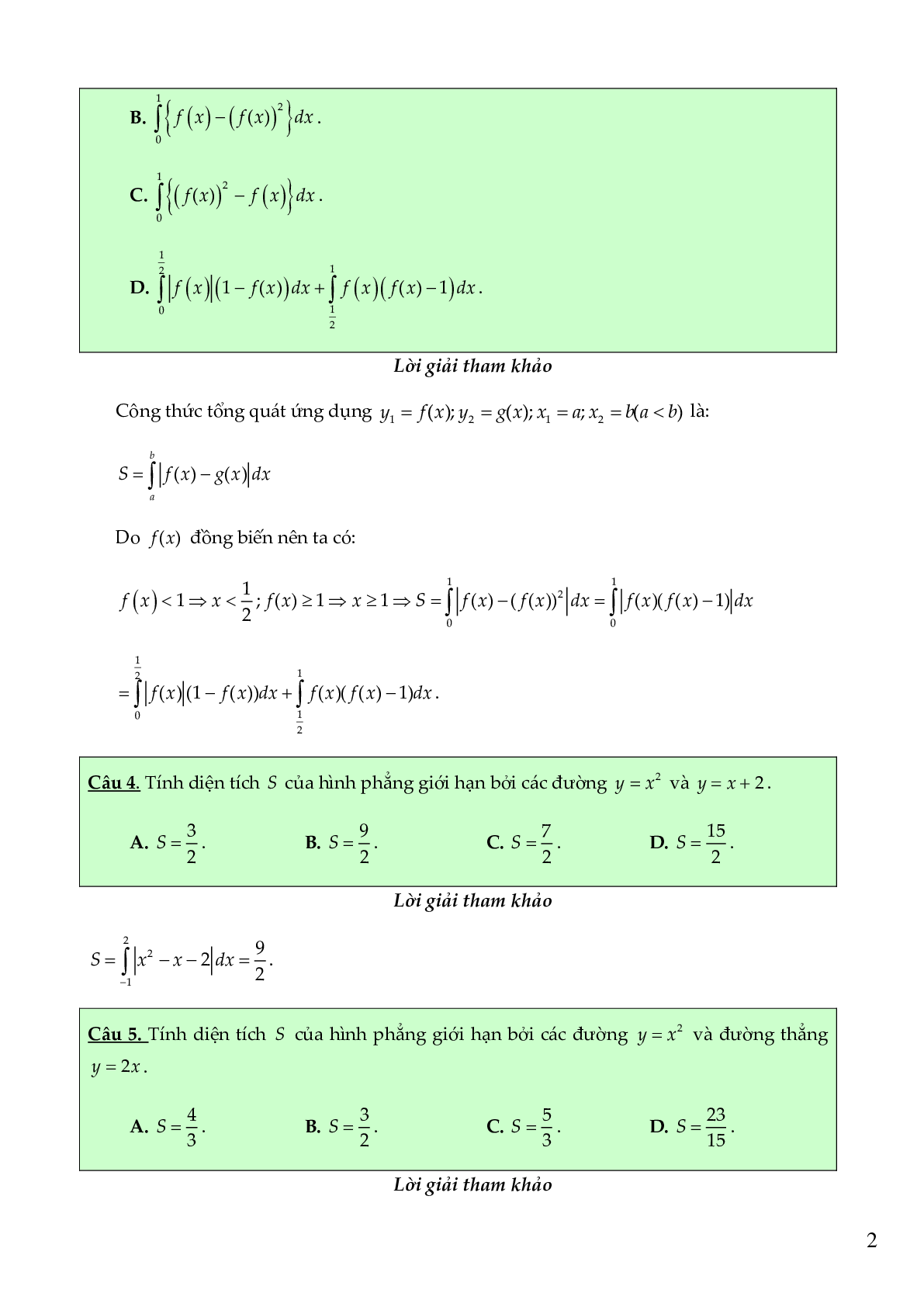 Các dạng bài tập về tính diện tích hình phẳng có đáp án (trang 2)