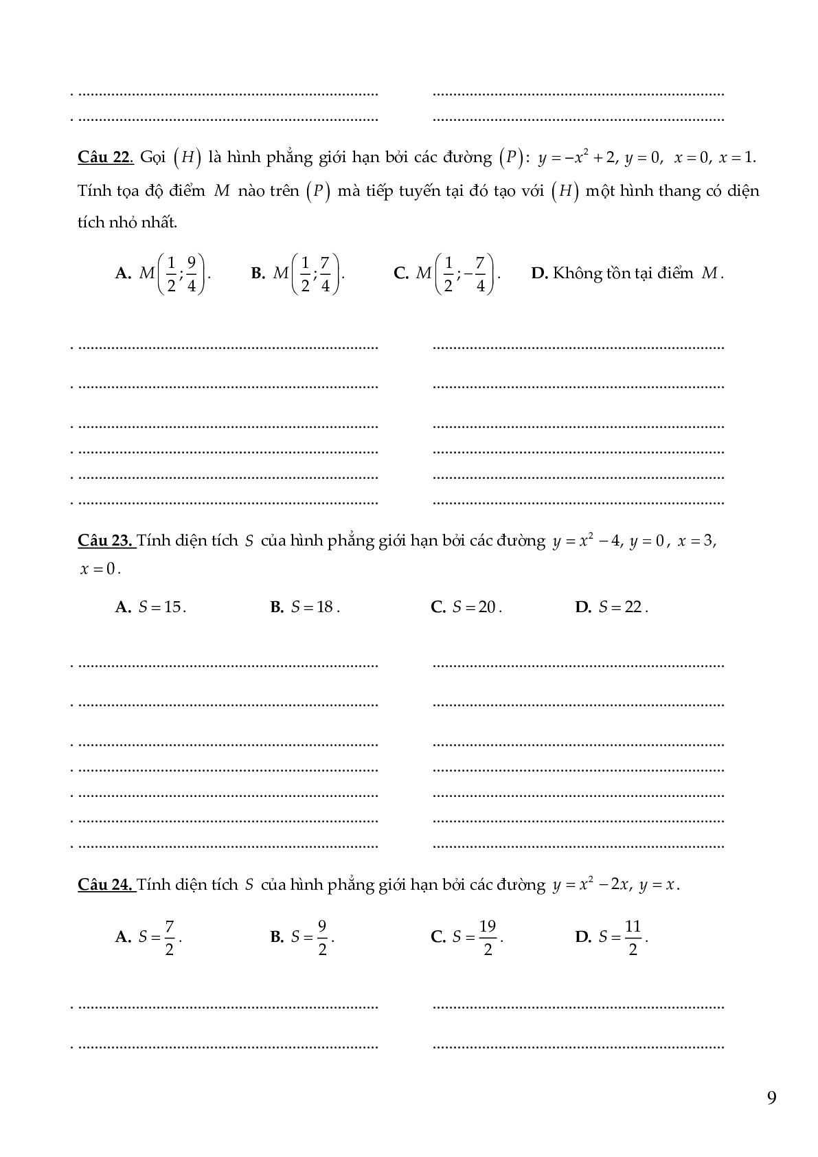 Các dạng bài tập về tính diện tích hình phẳng có đáp án (trang 9)