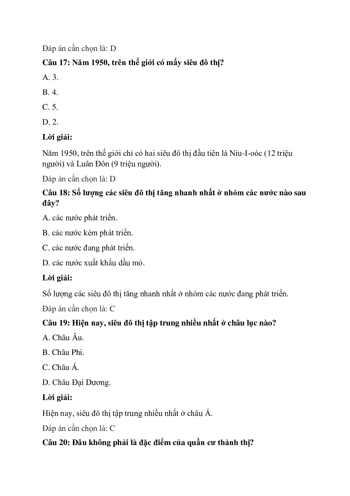 Trắc nghiệm Địa lý 7 Bài 3 có đáp án: Quần cư. Đô thị hóa (trang 7)