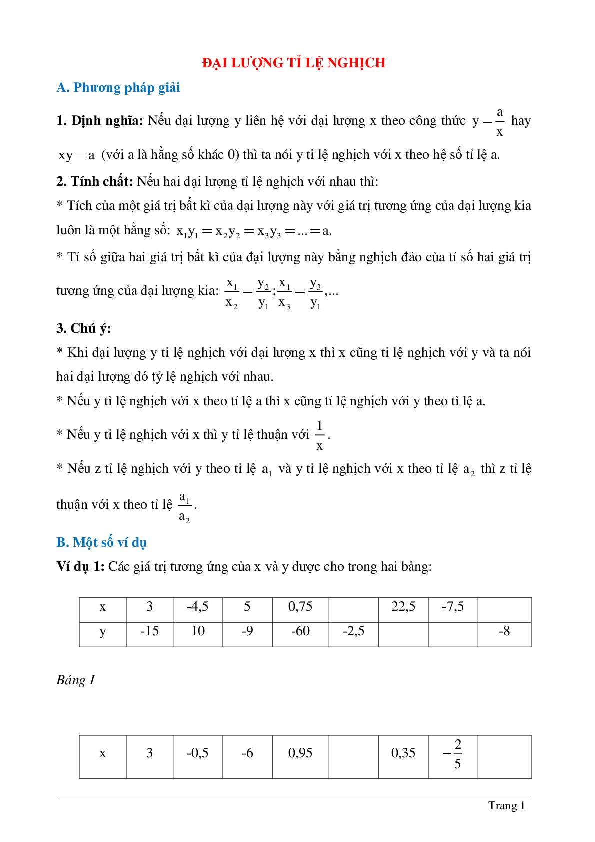 Hệ thống những bài tập thường gặp về Đại lượng tỉ lệ nghịch đại số lớp 7 chia tiết (trang 1)