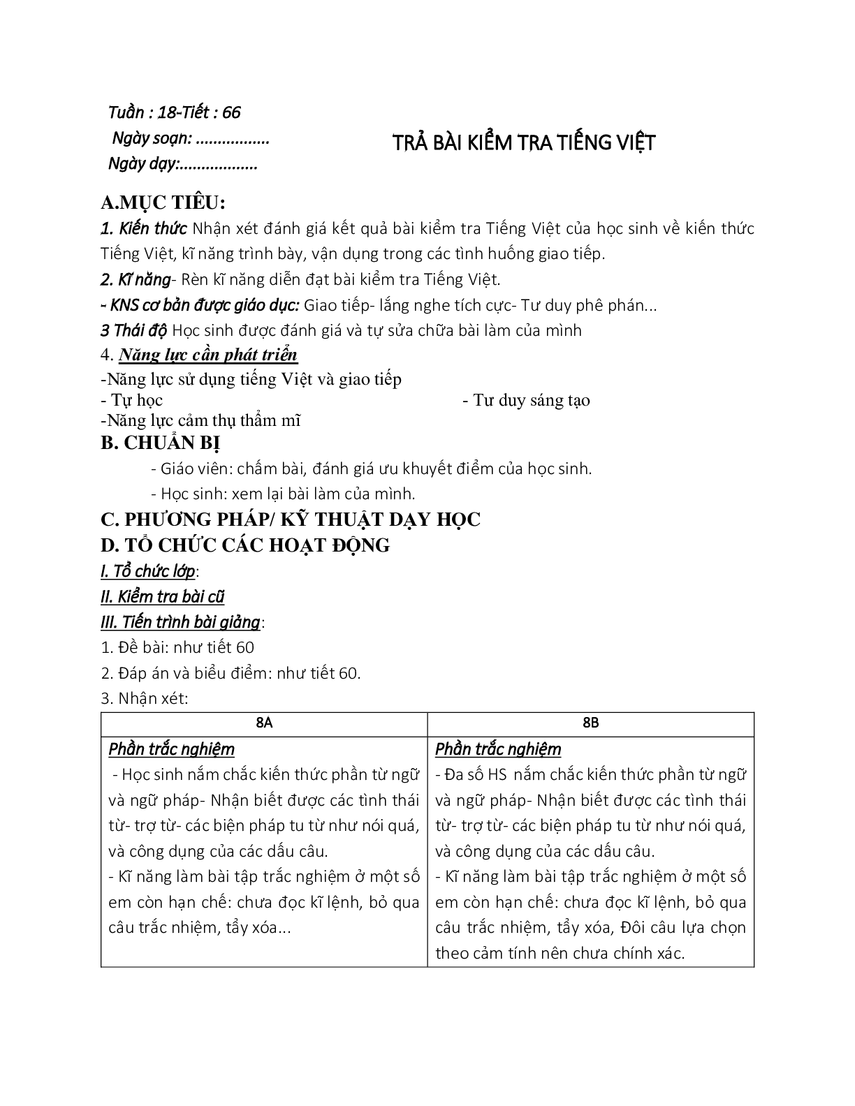 Giáo án ngữ văn lớp 8 Tuần 18 Tiết 66: Trả bài kiểm tra tiếng việt (trang 1)