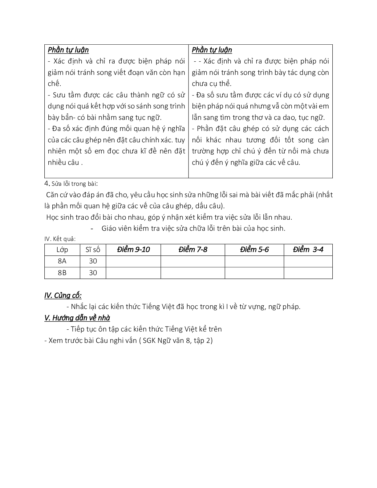 Giáo án ngữ văn lớp 8 Tuần 18 Tiết 66: Trả bài kiểm tra tiếng việt (trang 2)