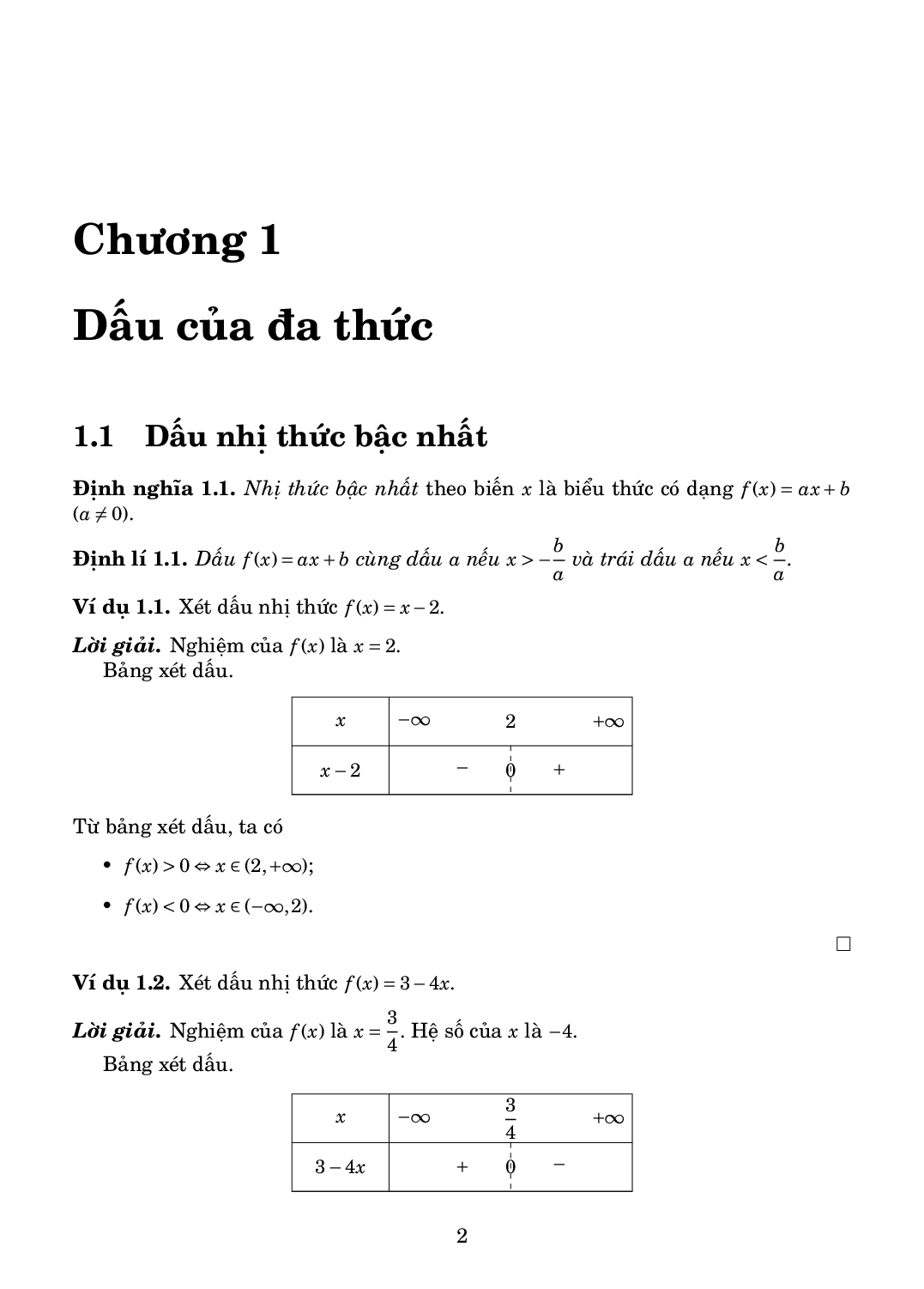 Dấu của đa thức bậc nhất và bậc hai trong chương trình lớp 10 (trang 2)