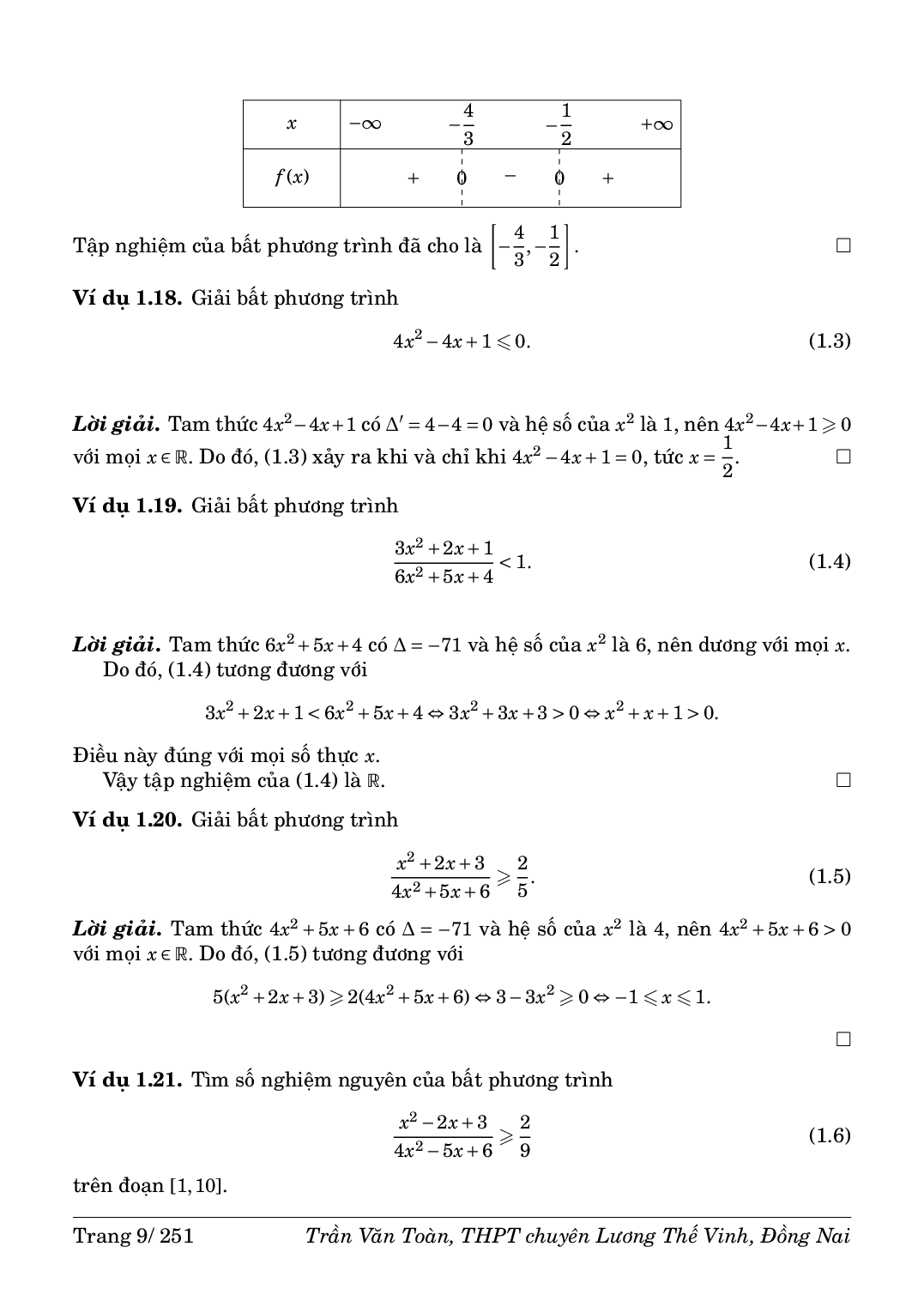 Dấu của đa thức bậc nhất và bậc hai trong chương trình lớp 10 (trang 9)
