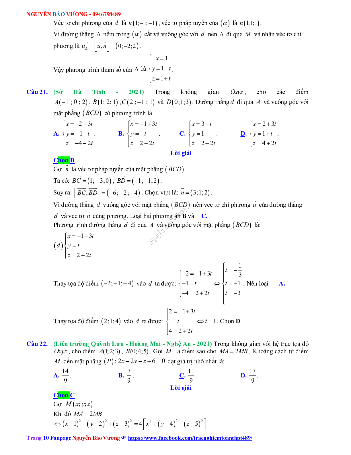 Trắc nghiệm Ôn thi THPT QG Toán 12: Đáp án phương pháp tọa độ trong không gian mức độ vận dụng (trang 10)