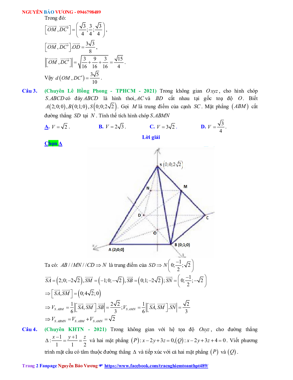 Trắc nghiệm Ôn thi THPT QG Toán 12: Đáp án phương pháp tọa độ trong không gian mức độ vận dụng (trang 2)