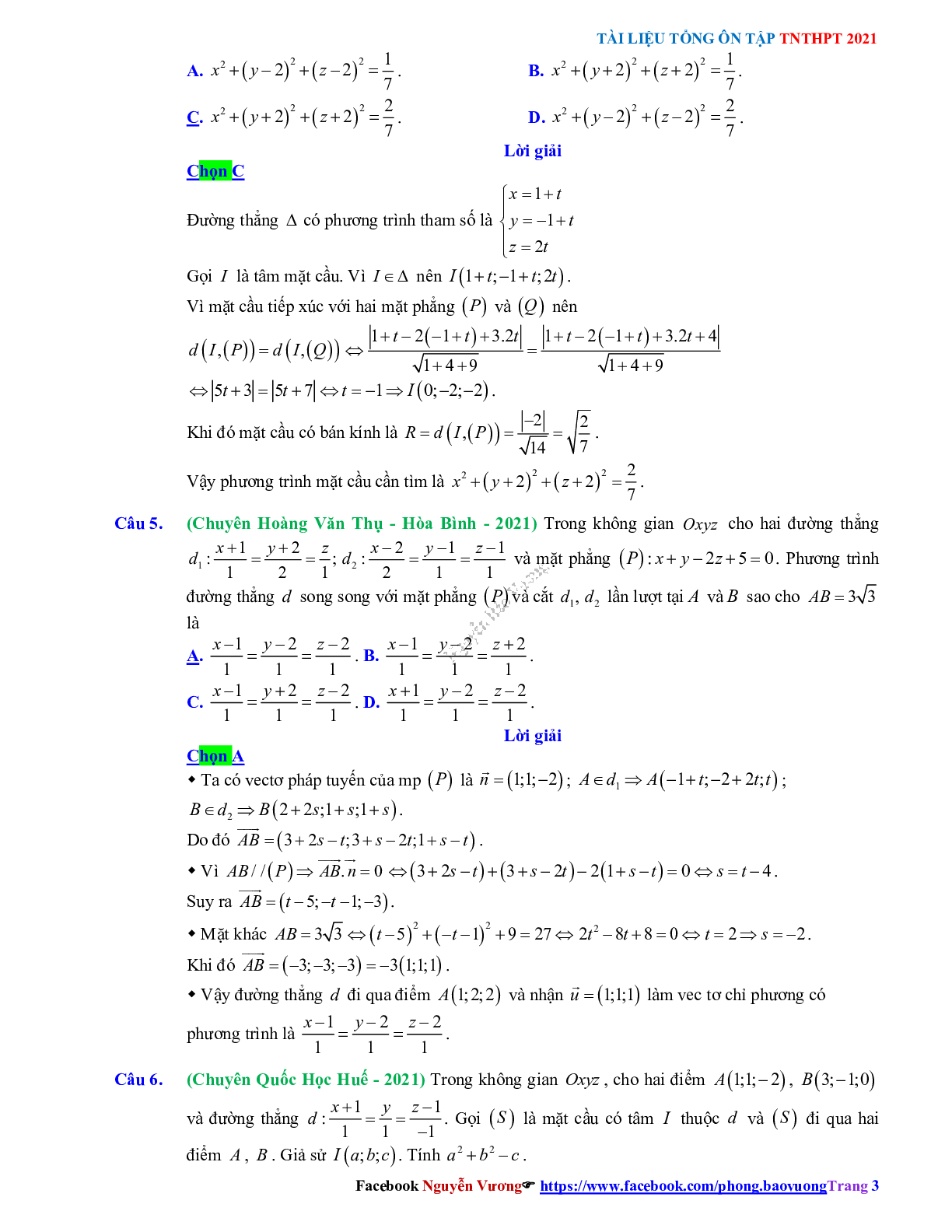 Trắc nghiệm Ôn thi THPT QG Toán 12: Đáp án phương pháp tọa độ trong không gian mức độ vận dụng (trang 3)