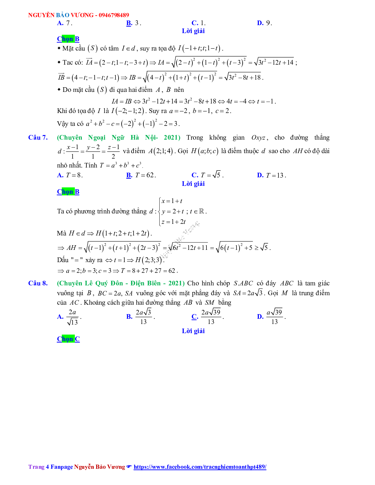 Trắc nghiệm Ôn thi THPT QG Toán 12: Đáp án phương pháp tọa độ trong không gian mức độ vận dụng (trang 4)