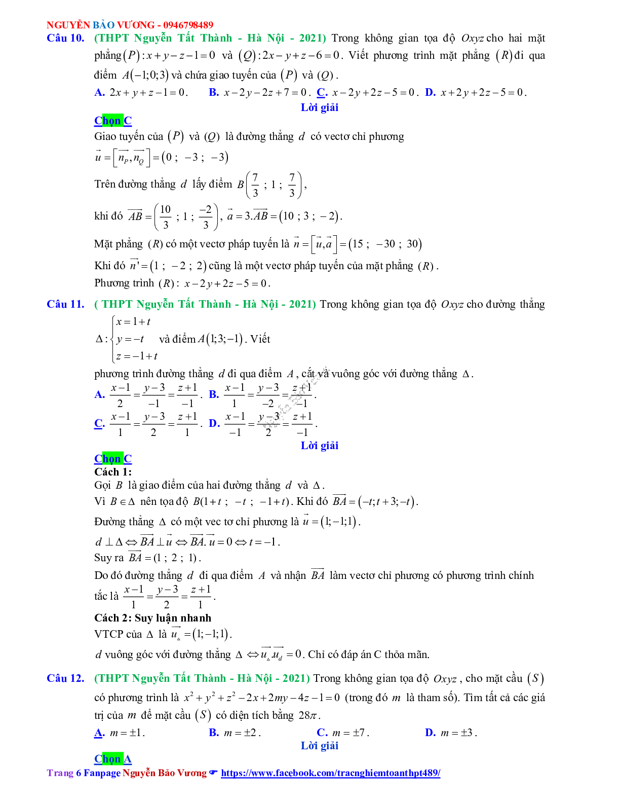 Trắc nghiệm Ôn thi THPT QG Toán 12: Đáp án phương pháp tọa độ trong không gian mức độ vận dụng (trang 6)