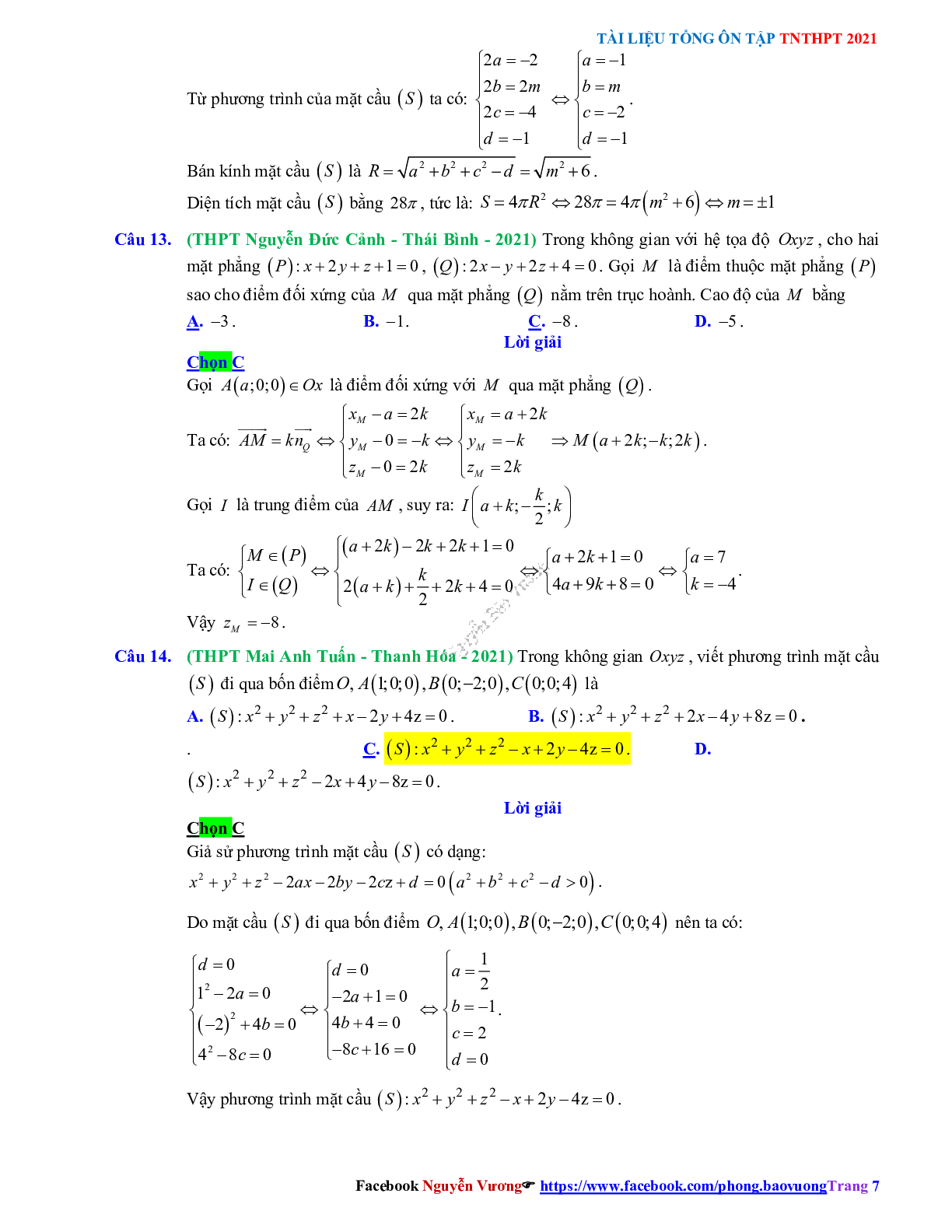 Trắc nghiệm Ôn thi THPT QG Toán 12: Đáp án phương pháp tọa độ trong không gian mức độ vận dụng (trang 7)