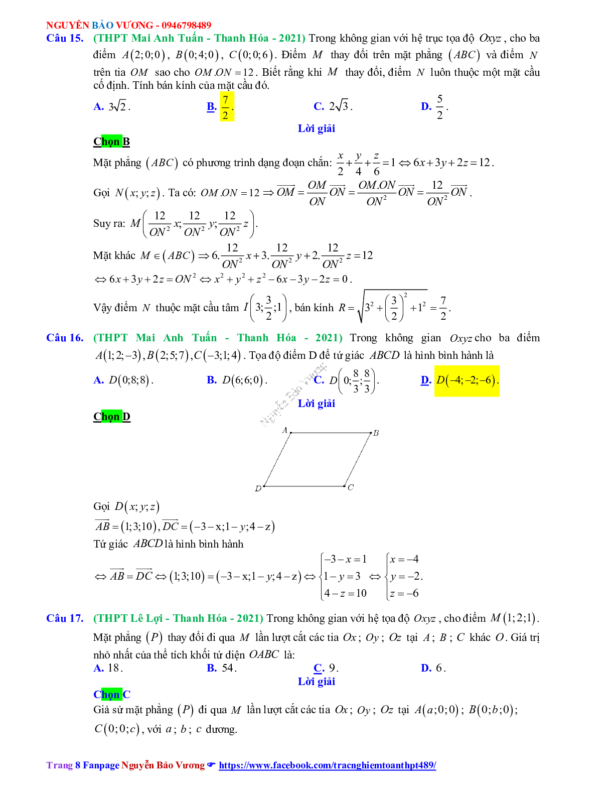 Trắc nghiệm Ôn thi THPT QG Toán 12: Đáp án phương pháp tọa độ trong không gian mức độ vận dụng (trang 8)