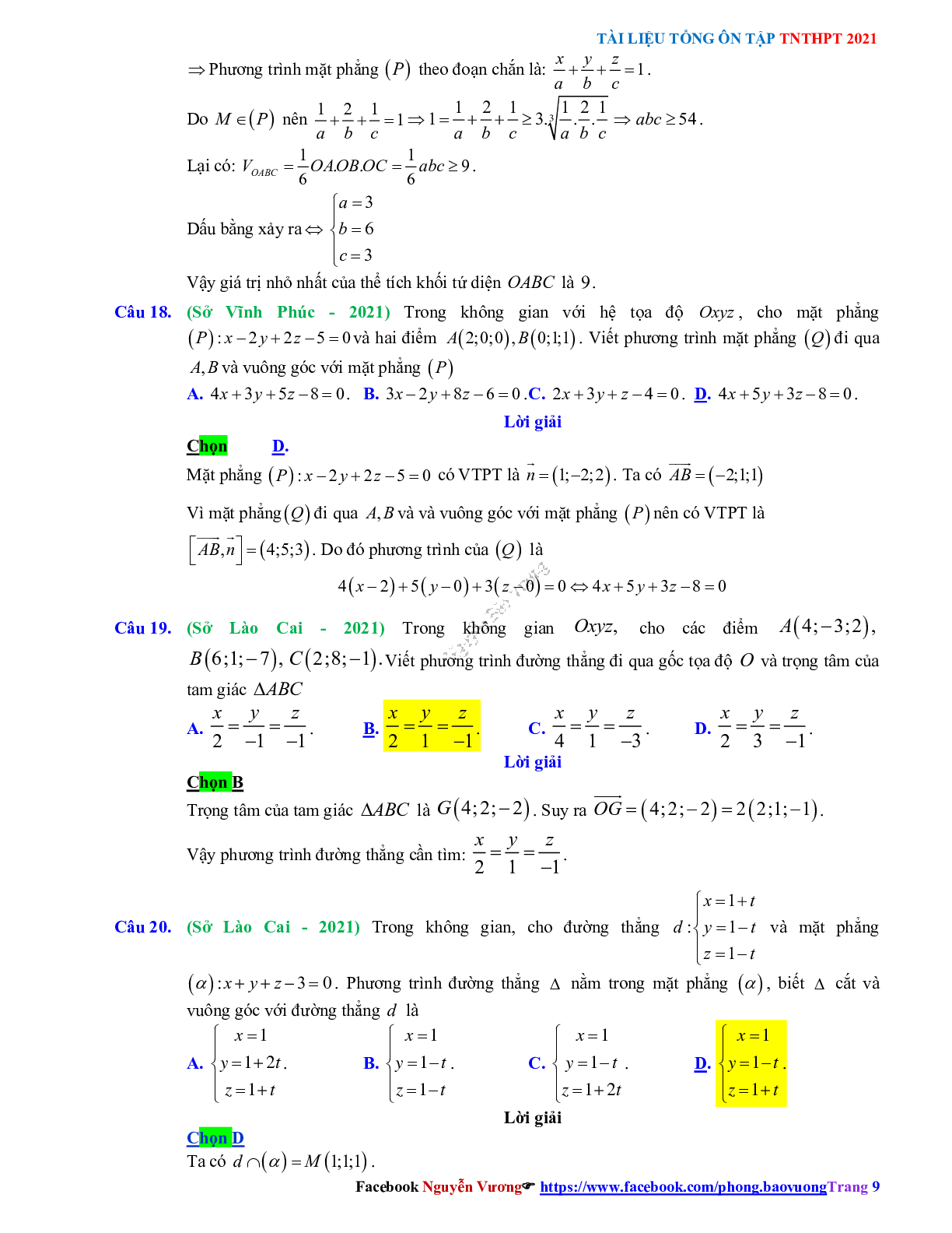 Trắc nghiệm Ôn thi THPT QG Toán 12: Đáp án phương pháp tọa độ trong không gian mức độ vận dụng (trang 9)
