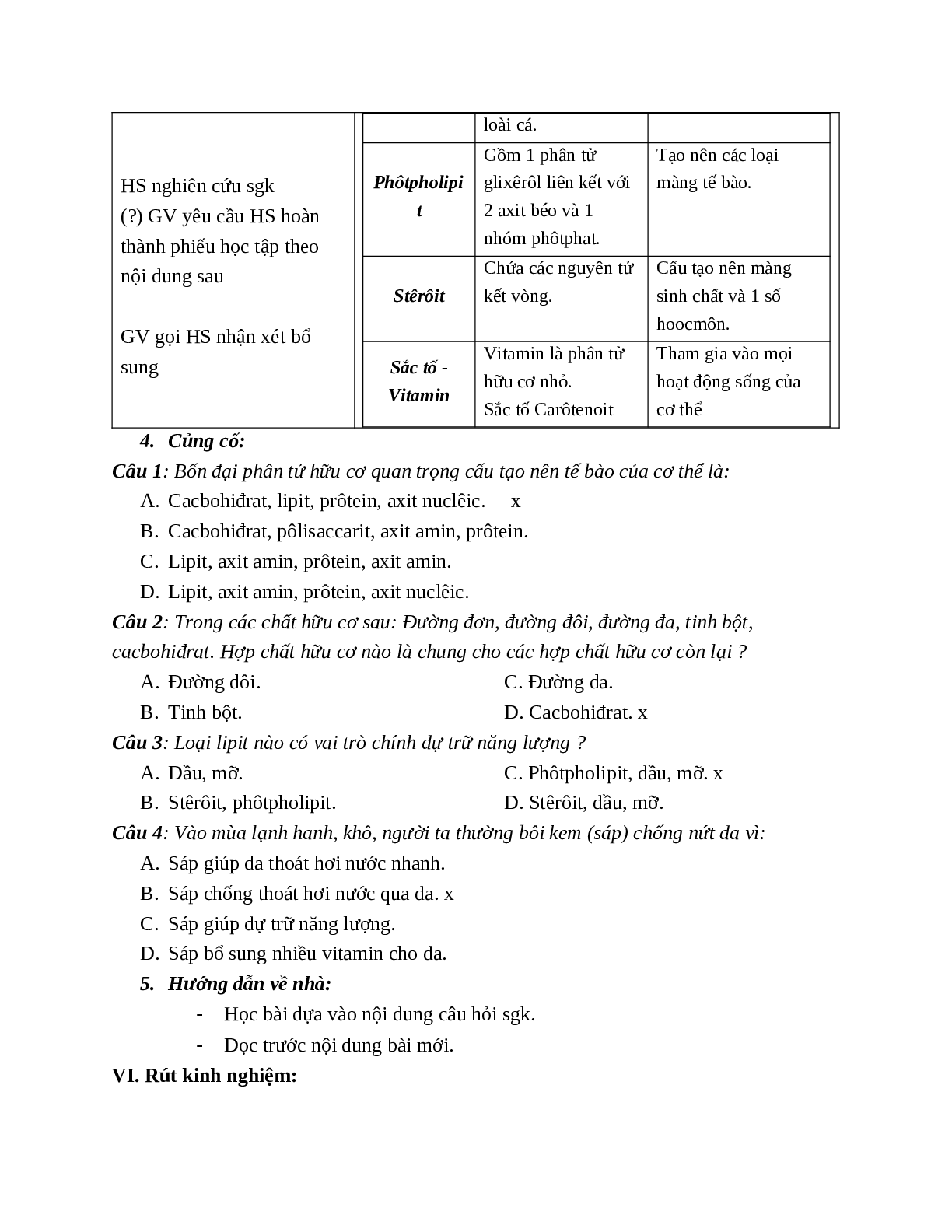 Giáo án Sinh học 10 Bài 4: Cacbohiđrat và lipit mới nhất – CV5512 (trang 3)