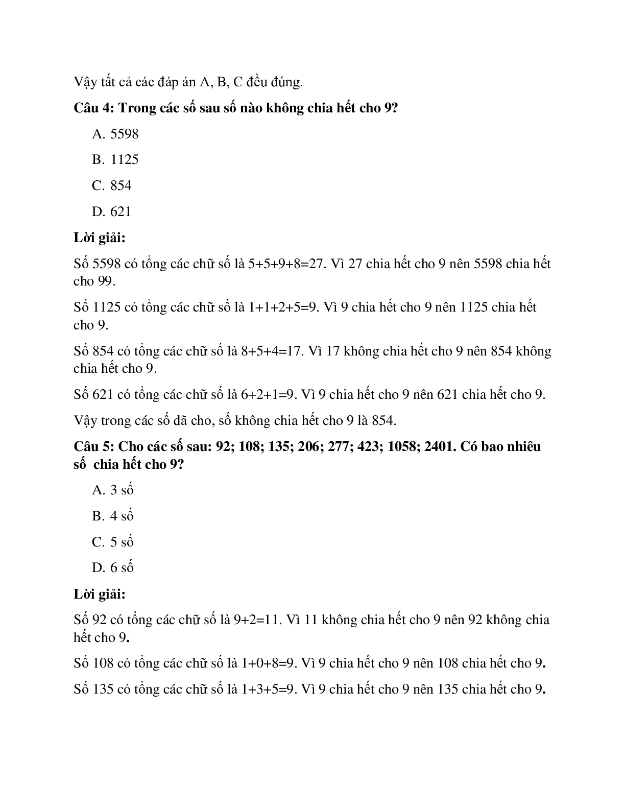 28 câu Trắc nghiệm Dấu hiệu chia hết cho 9 có đáp án 2023 – Toán lớp 4 (trang 2)