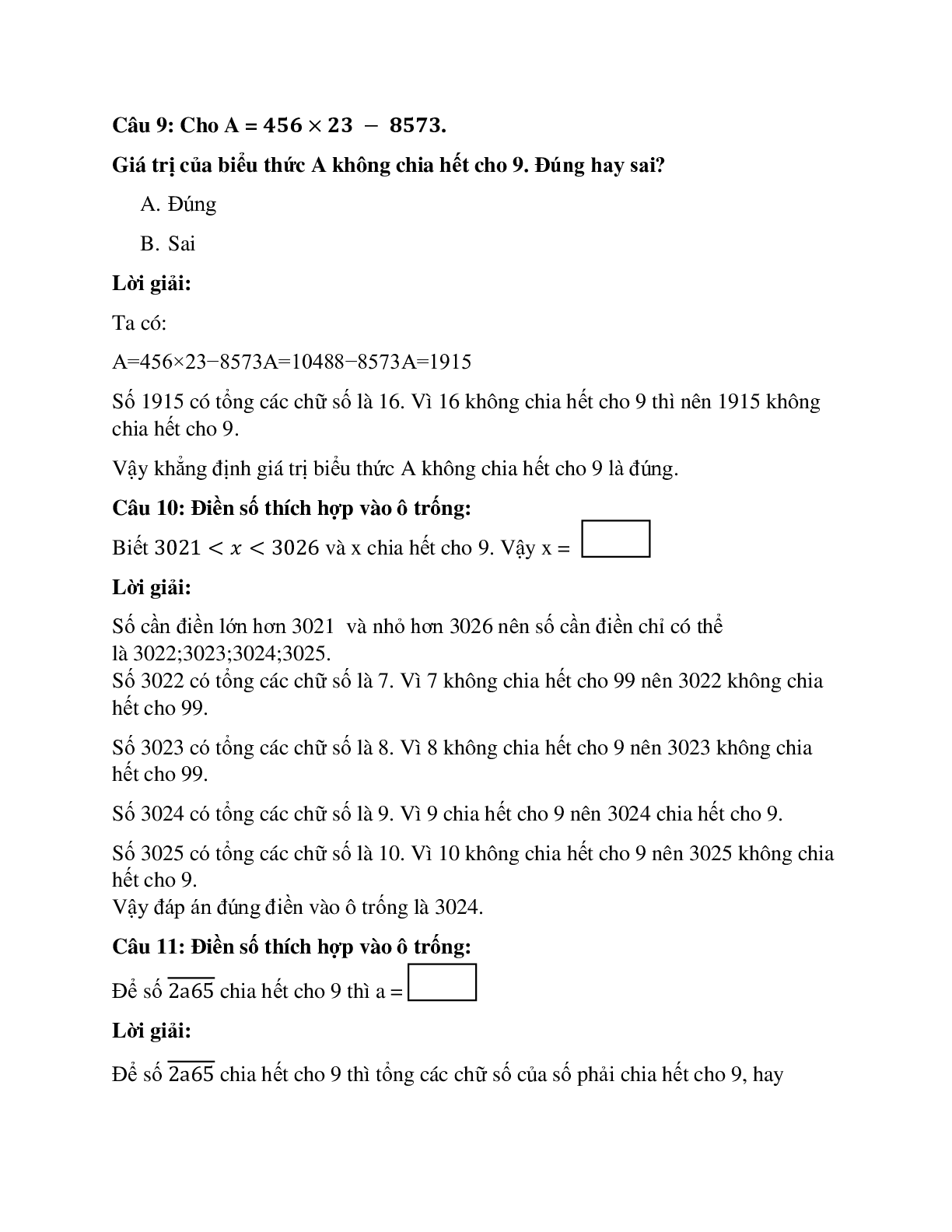 28 câu Trắc nghiệm Dấu hiệu chia hết cho 9 có đáp án 2023 – Toán lớp 4 (trang 5)