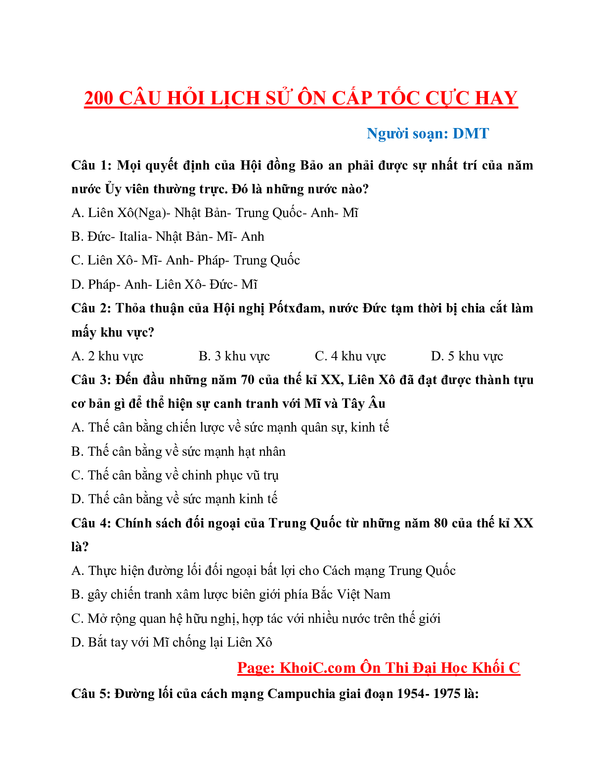 200 câu hỏi lịch sử ôn cấp tốc cực hay môn Lịch sử lớp 12 (trang 1)