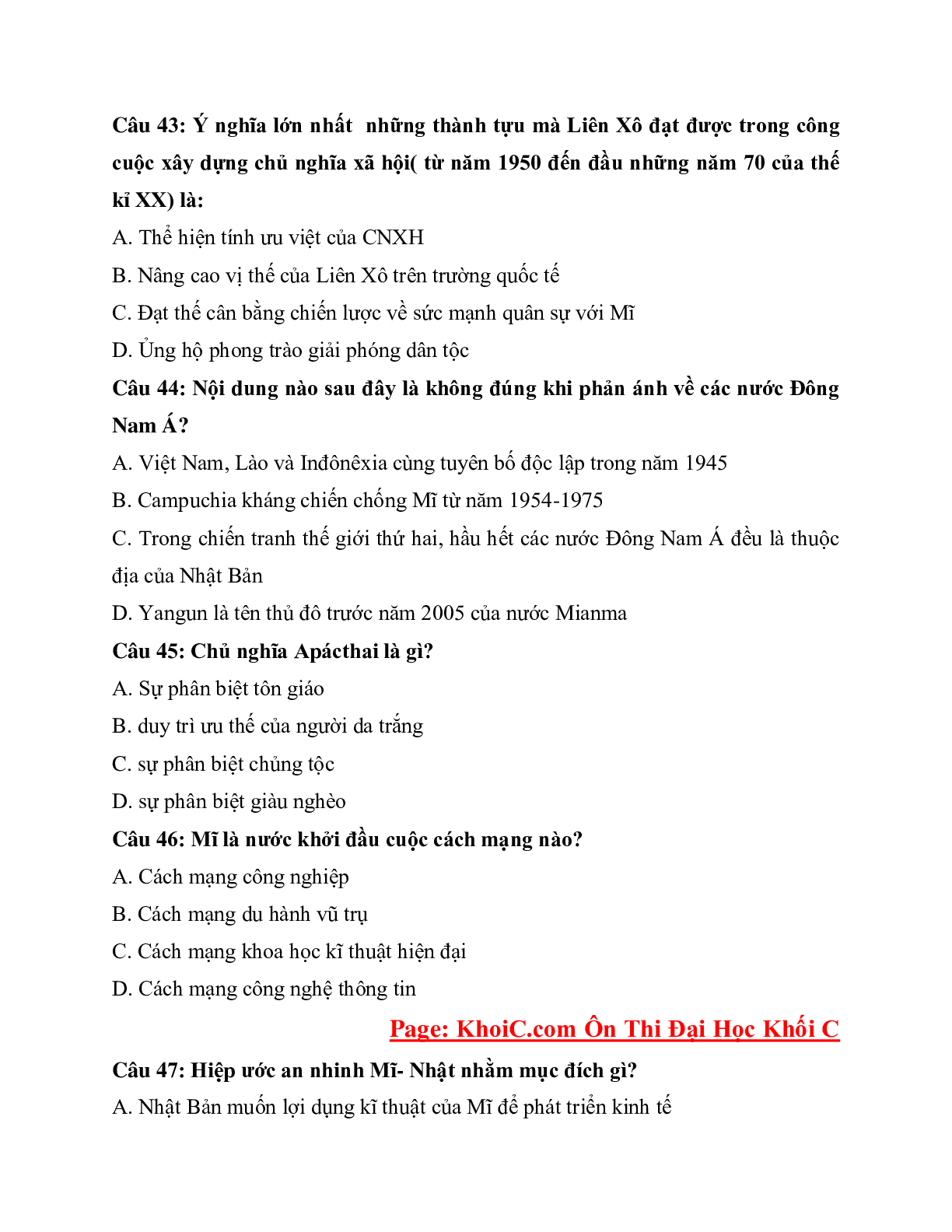 200 câu hỏi lịch sử ôn cấp tốc cực hay môn Lịch sử lớp 12 (trang 10)