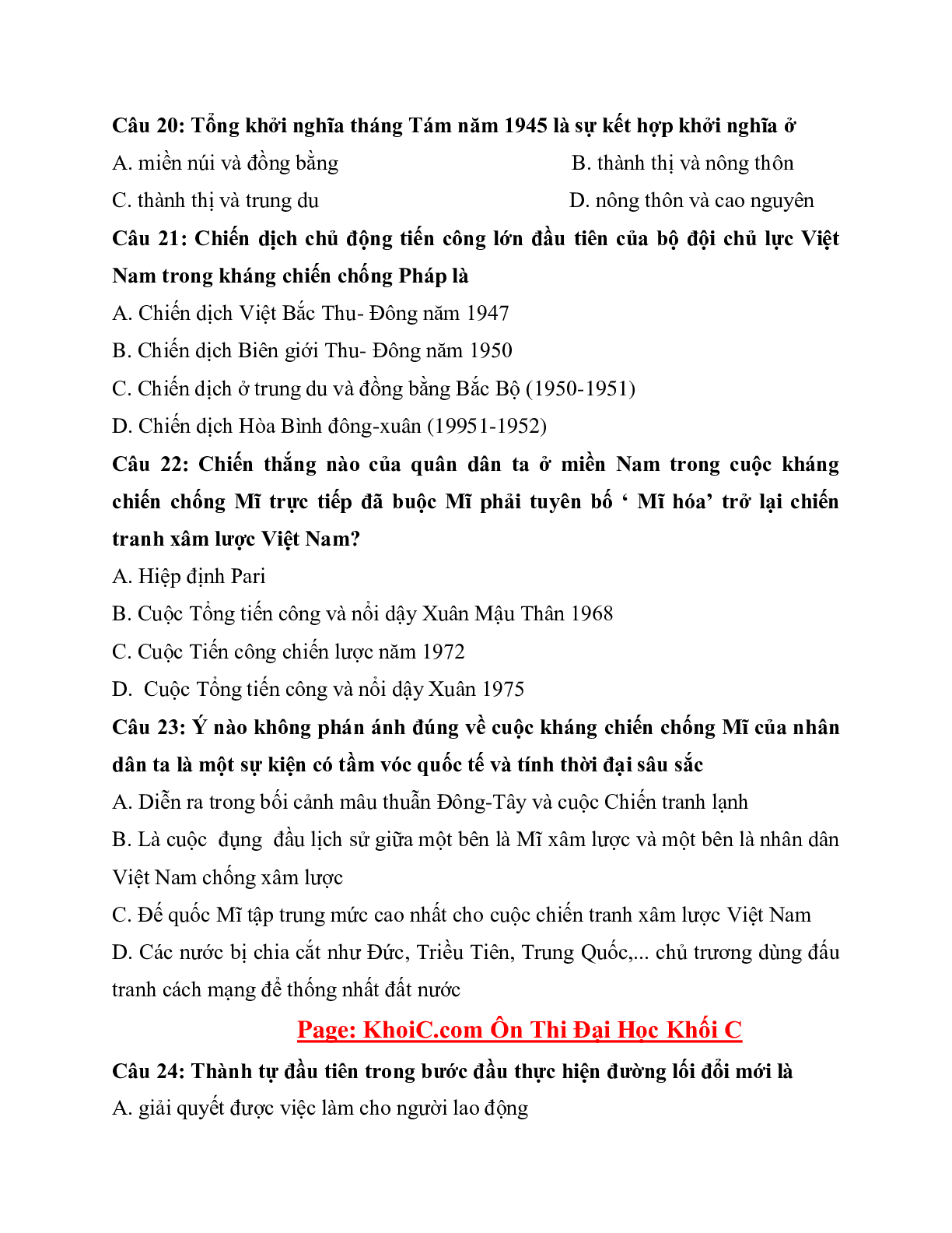 200 câu hỏi lịch sử ôn cấp tốc cực hay môn Lịch sử lớp 12 (trang 5)