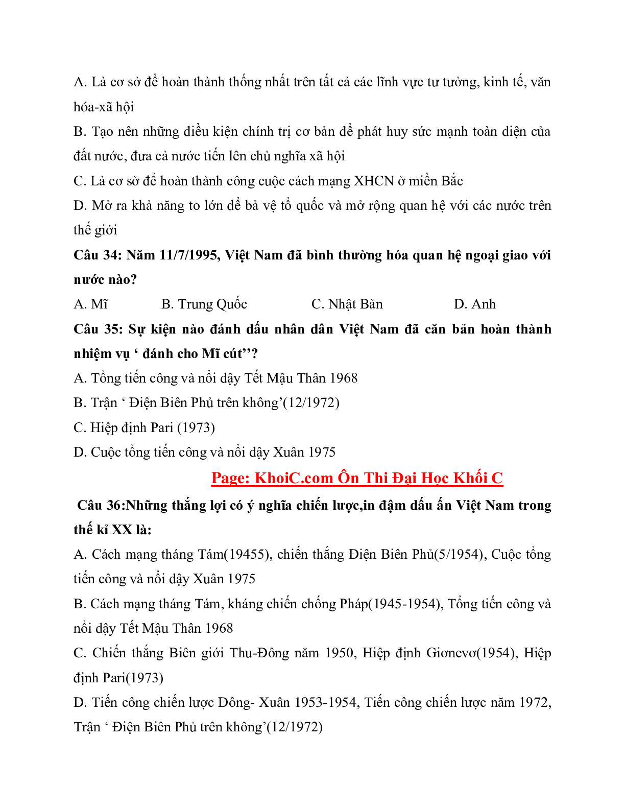 200 câu hỏi lịch sử ôn cấp tốc cực hay môn Lịch sử lớp 12 (trang 8)