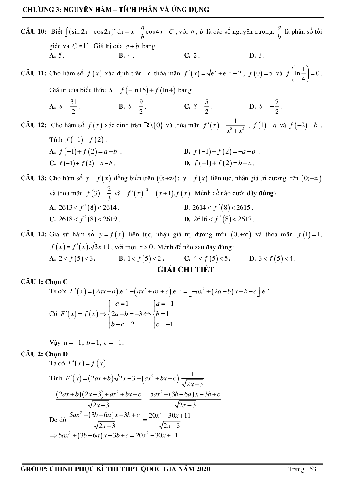 Tuyển chọn các bài toán Nguyên hàm - Tích phân Vận dụng cao thường xuất hiện trong đề thi - có đáp án chi tiết (trang 4)
