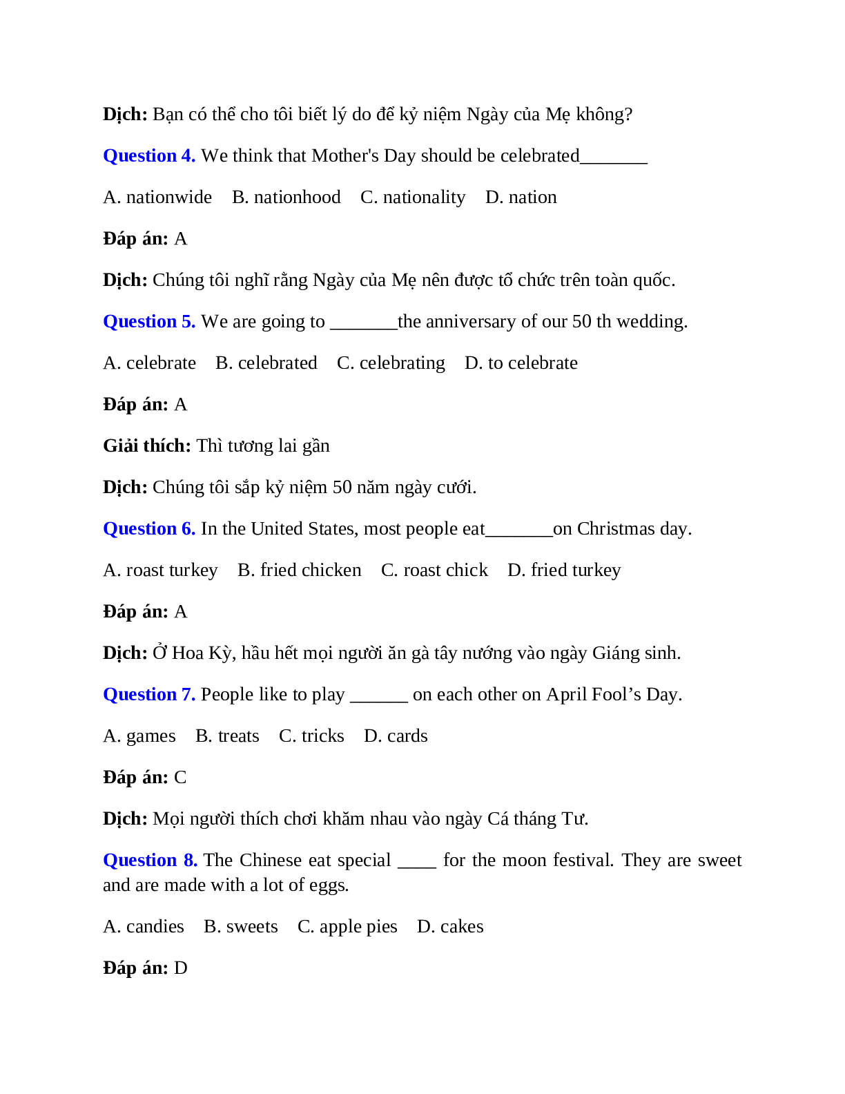60 câu Trắc nghiệm Tiếng Anh 9 Unit 8 có đáp án 2023: Celebrations (trang 4)