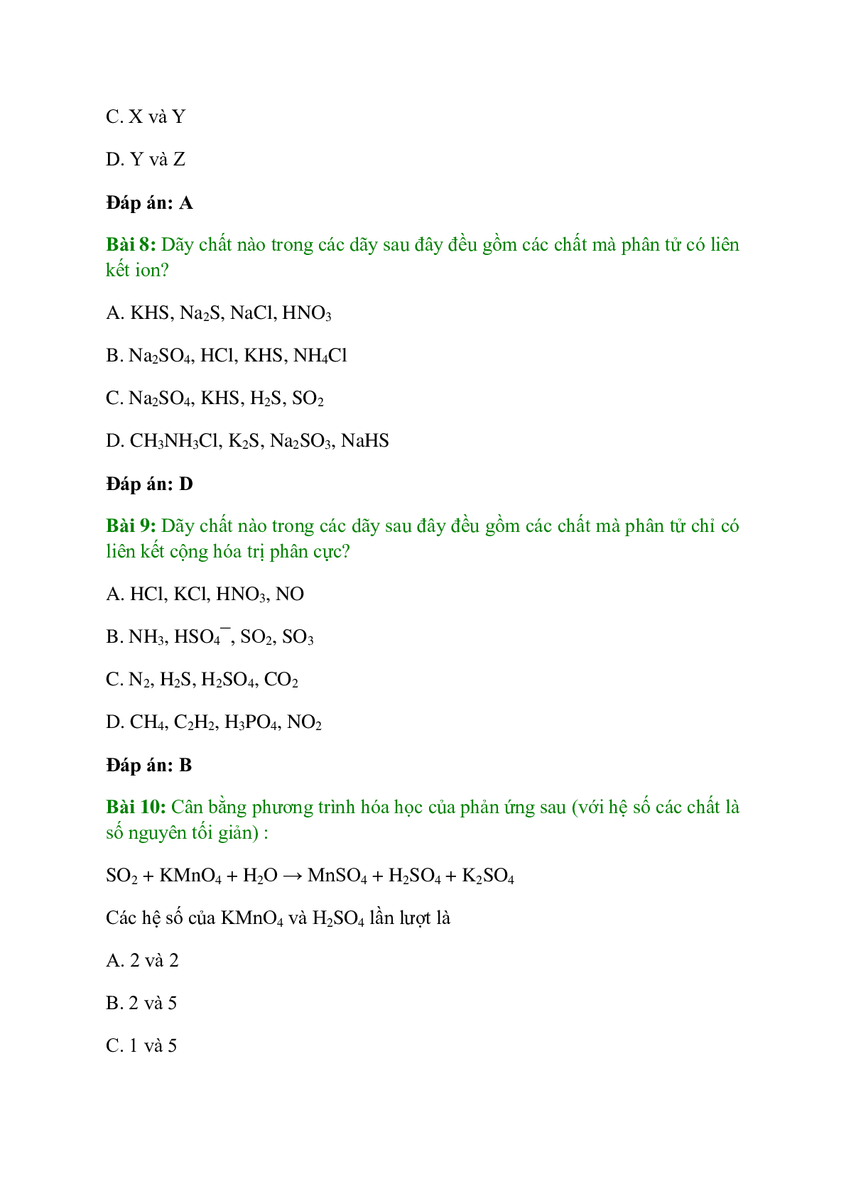 Trắc nghiệm Ôn tập học kì 1 có đáp án - Hóa học 10 (trang 4)