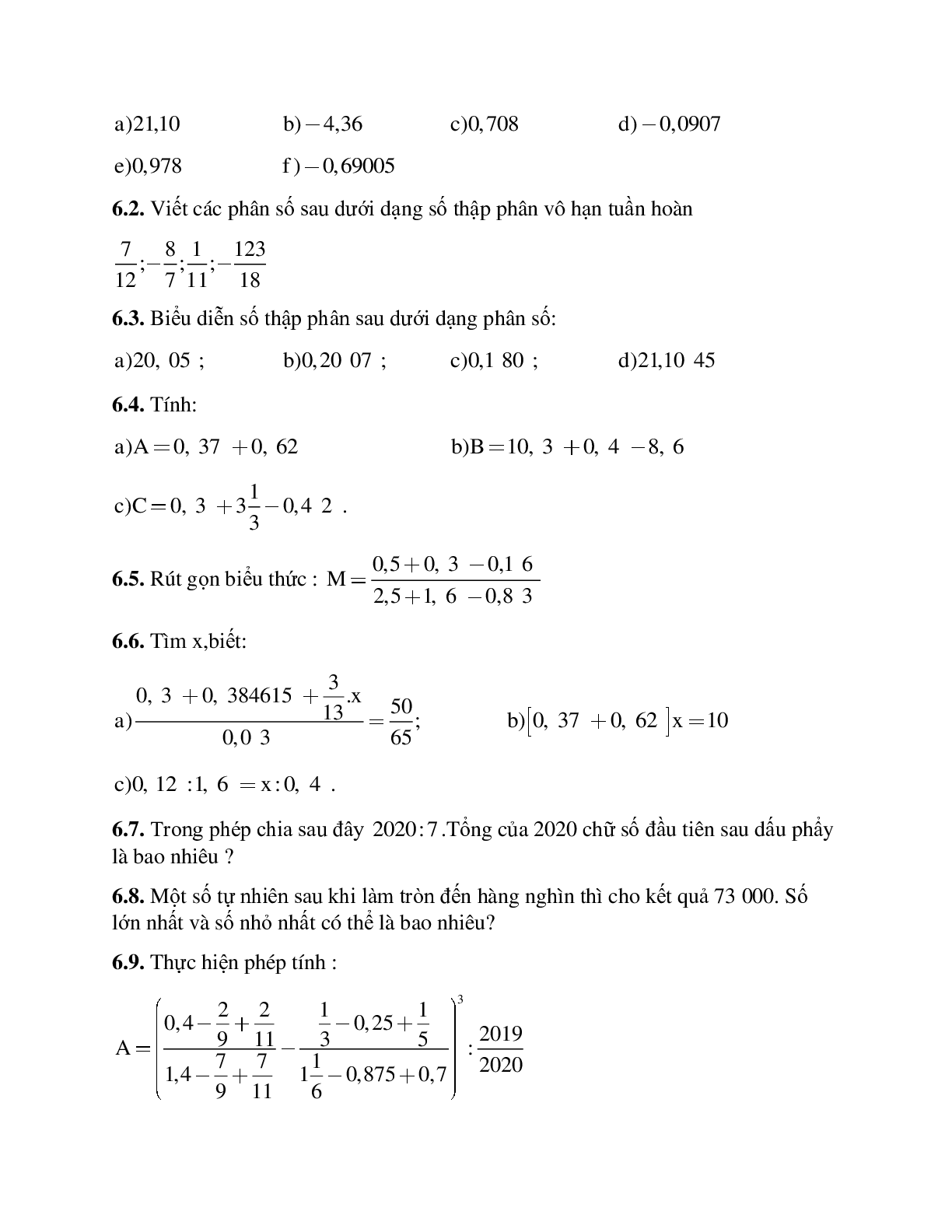Hệ thống bài tập về Số thập phân hữu hạn - Số thập phân vô hạn tuần hoàn - Làm tròn số có lời giải (trang 5)