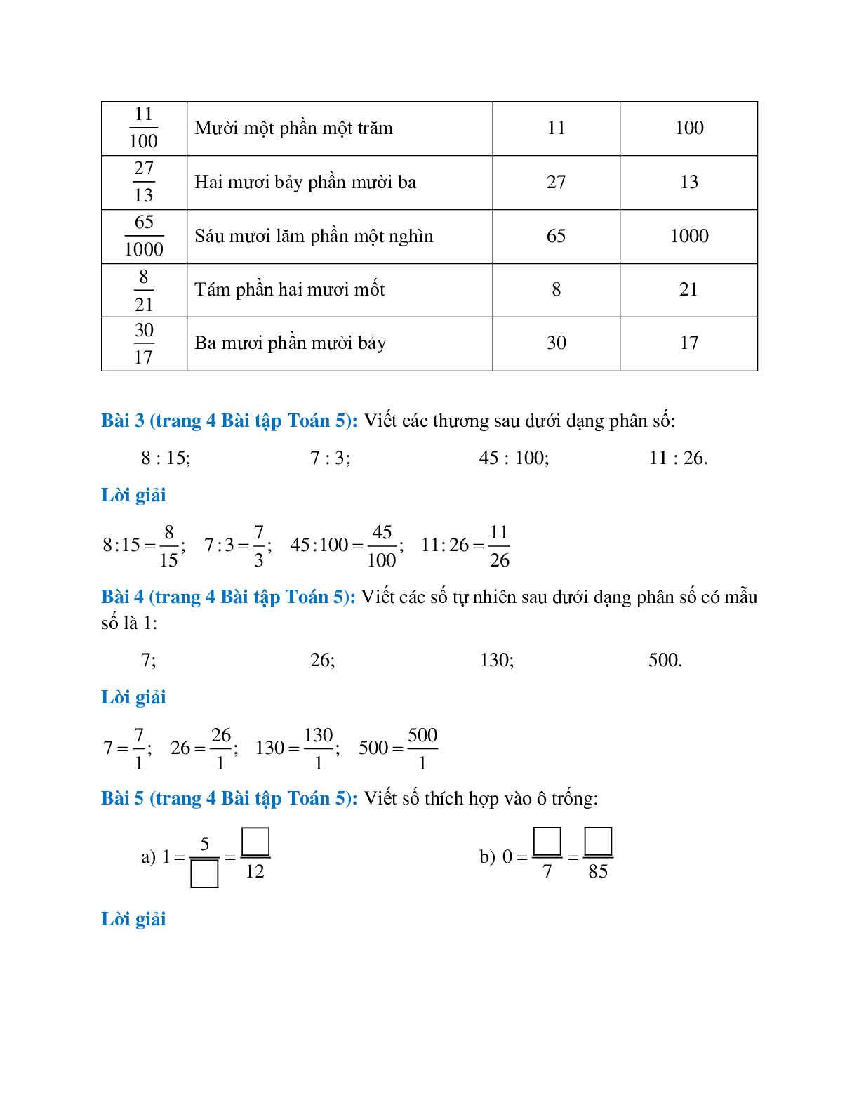SBT Toán lớp 5 trang 3, 4 Ôn tập: Khái niệm về phân số (trang 2)