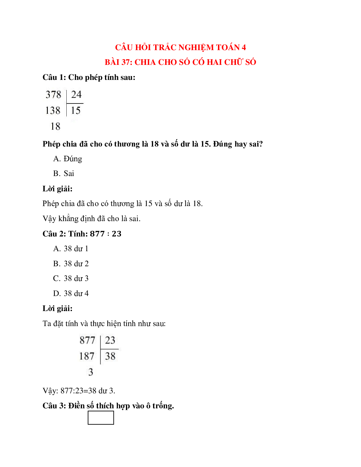 27 câu Trắc nghiệm Chia cho số có hai chữ số có đáp án 2023 – Toán lớp 4 (trang 1)