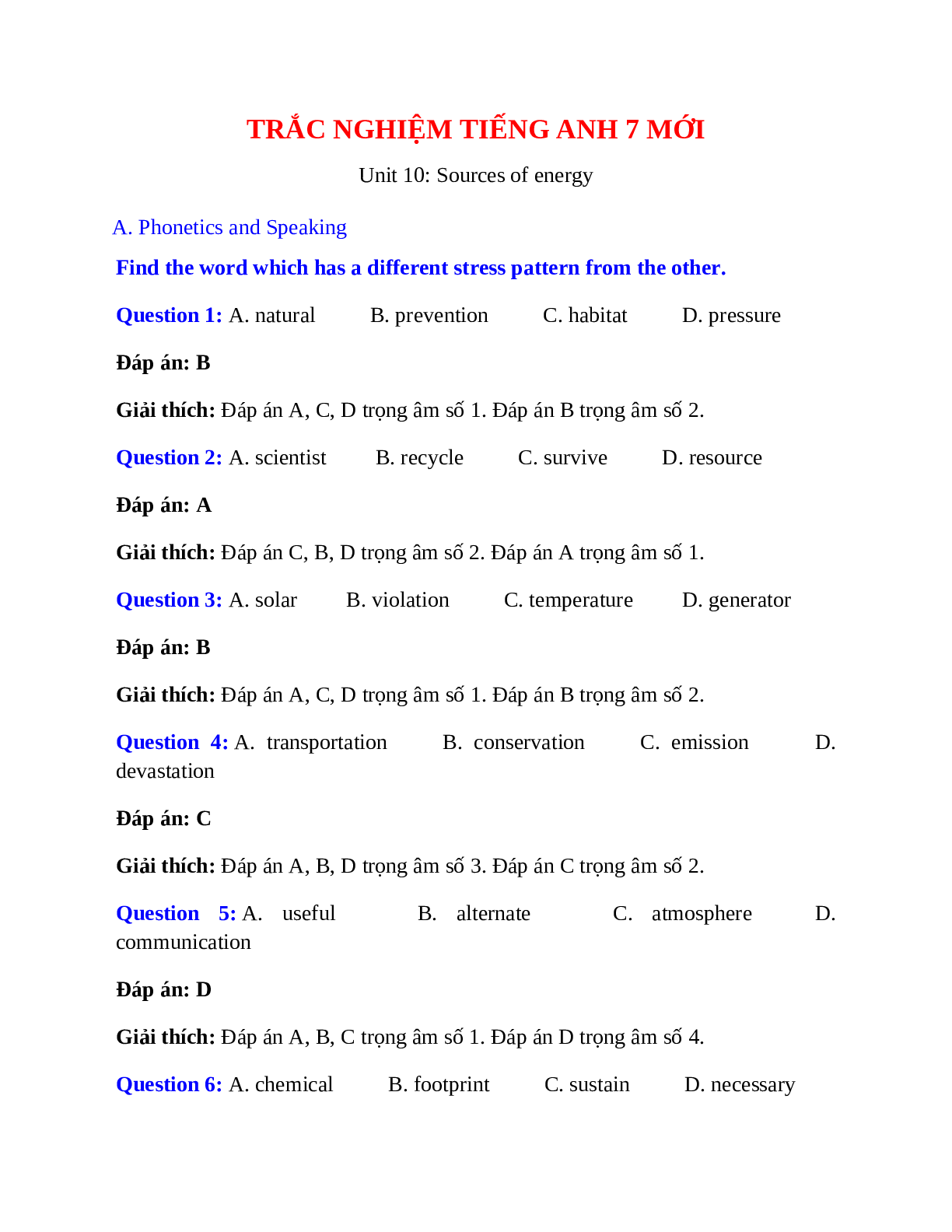 Trắc nghiệm Tiếng Anh 7 mới Unit 10 có đáp án: Sources of energy (trang 1)