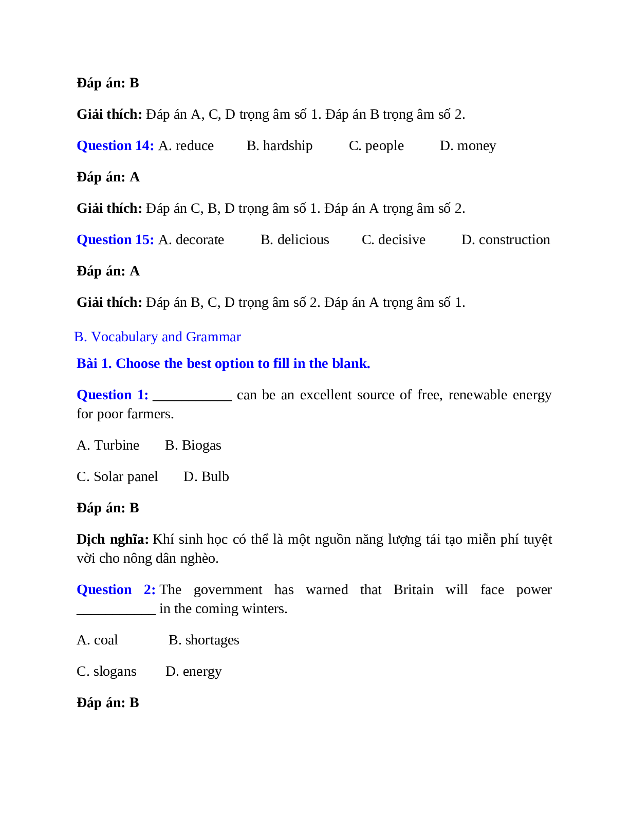 Trắc nghiệm Tiếng Anh 7 mới Unit 10 có đáp án: Sources of energy (trang 3)