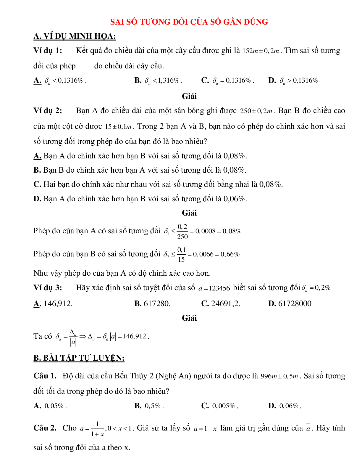 Bài tập tự luyện sai số tương đối của só gần đúng Toán 10 (trang 1)
