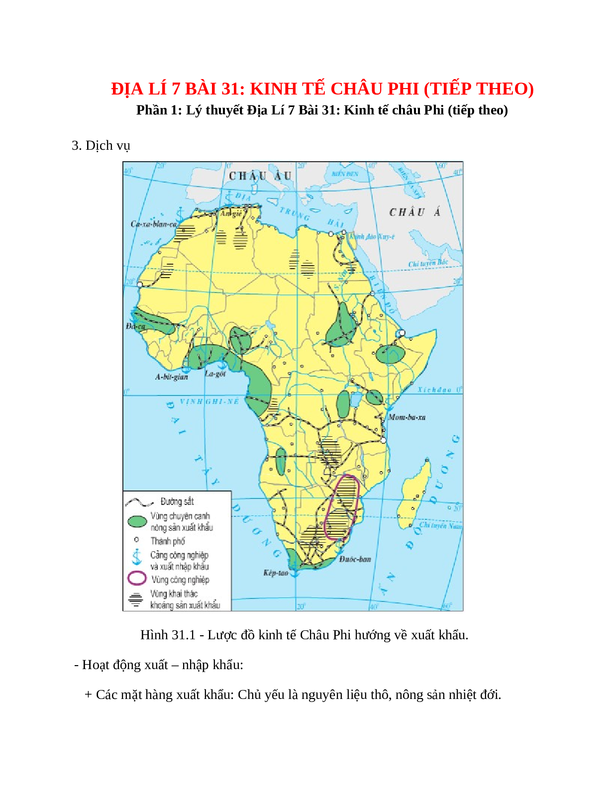 Địa Lí 7 Bài 31 (Lý thuyết và trắc nghiệm): Kinh tế châu Phi (tiếp theo) (trang 1)
