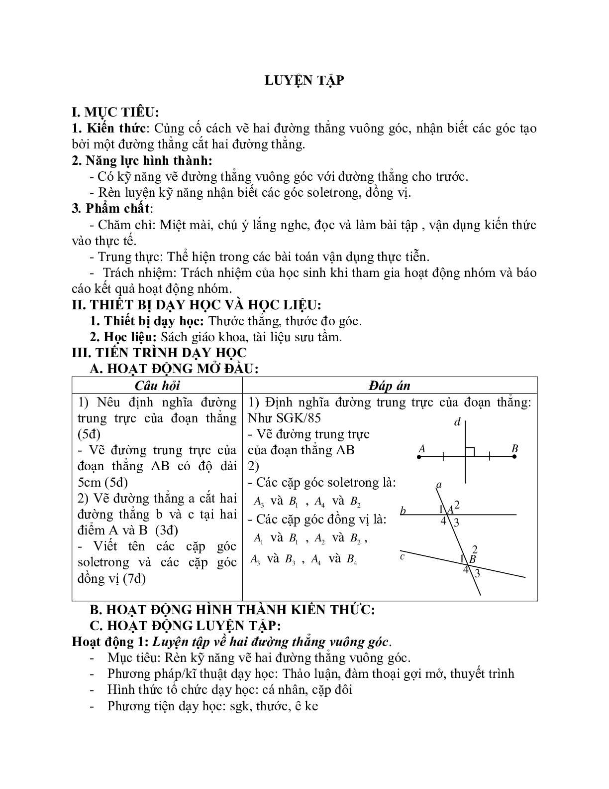 Giáo án Toán học 7 bài 3: Các góc tạo bởi một đường thẳng cắt hai đường thẳng chuẩn nhất (trang 5)