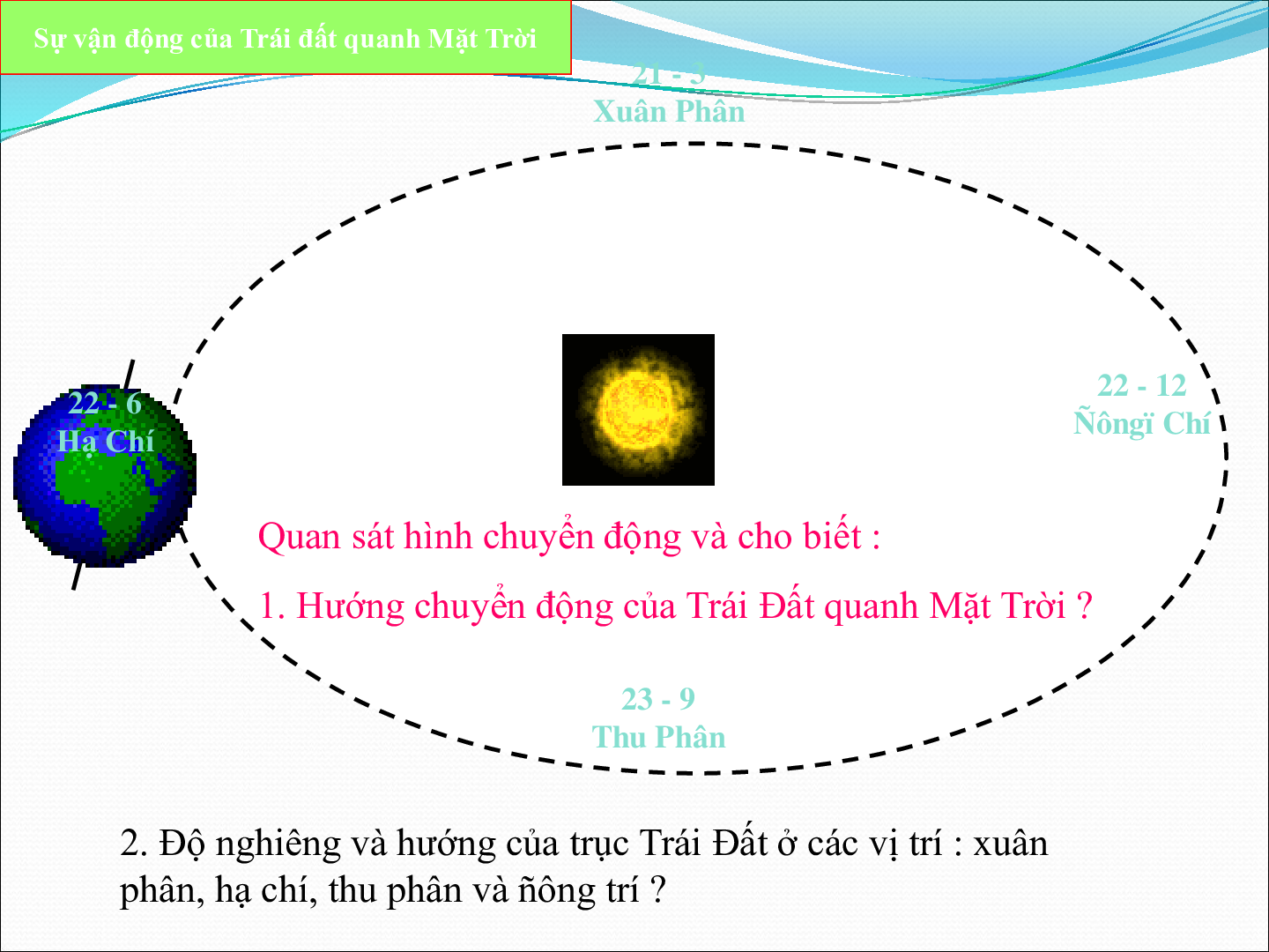 Bài giảng địa lí 6 Tiết 9: Sự chuyển động của Trái Đất quanh mặt trời và các hệ quả (trang 10)