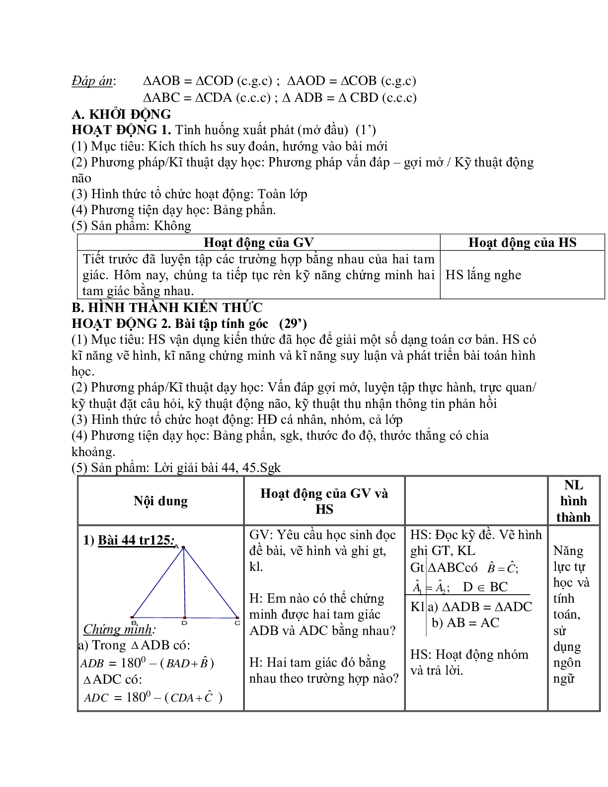 Giáo án Toán học 7: Luyện tập về ba trường hợp bằng nhau của tam giác (TT) hay nhất (trang 2)