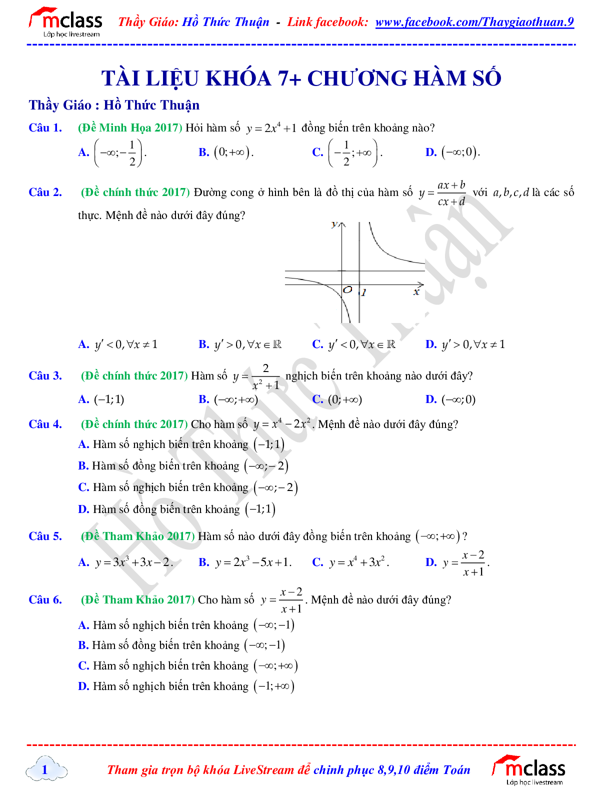 Tuyển tập chuyên đề hàm số khóa 7+ của tác giả Hồ Thức Thuận (trang 1)