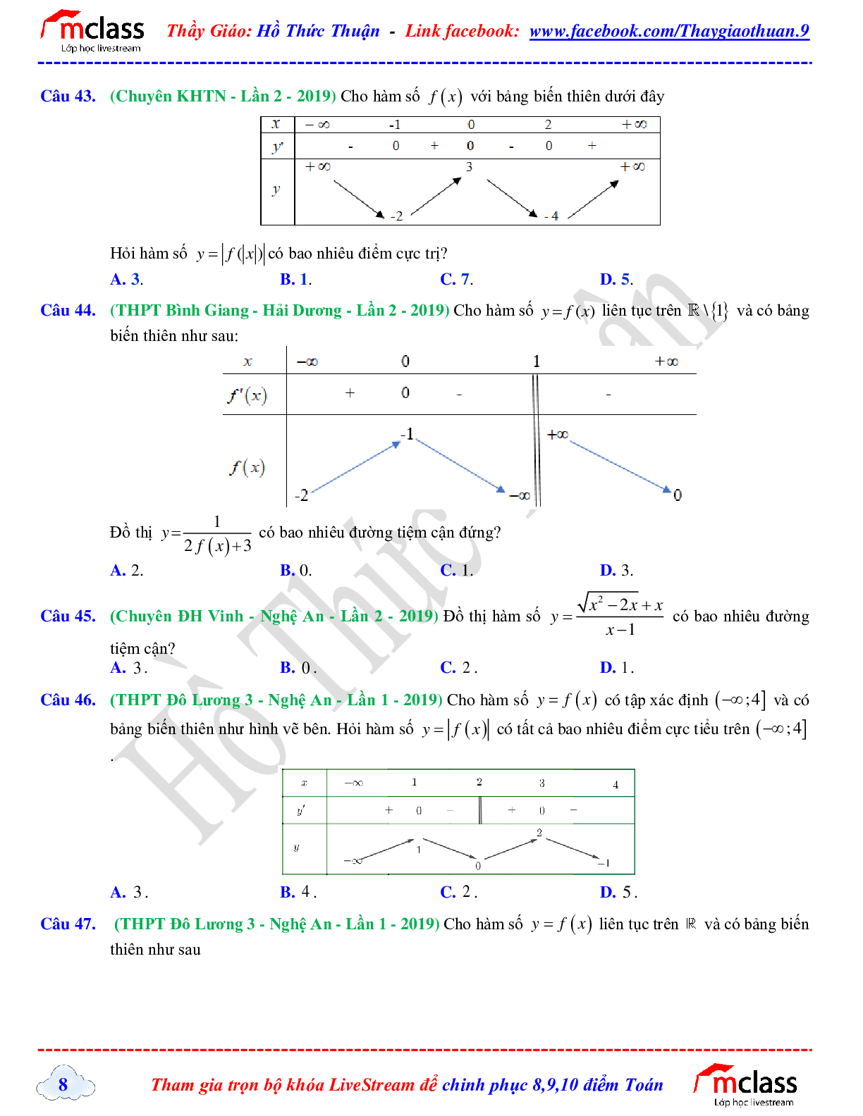 Tuyển tập chuyên đề hàm số khóa 7+ của tác giả Hồ Thức Thuận (trang 8)