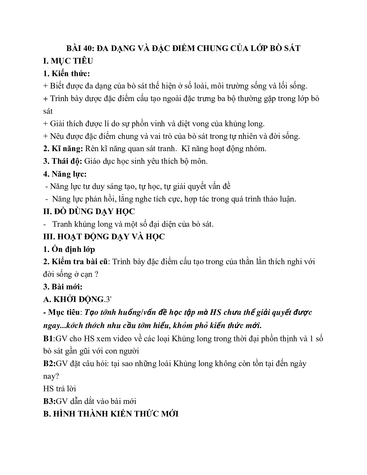 Giáo án Sinh học 7 Bài 40: Đa dạng và đặc điểm chung của lớp Bò sát mới nhất (trang 1)