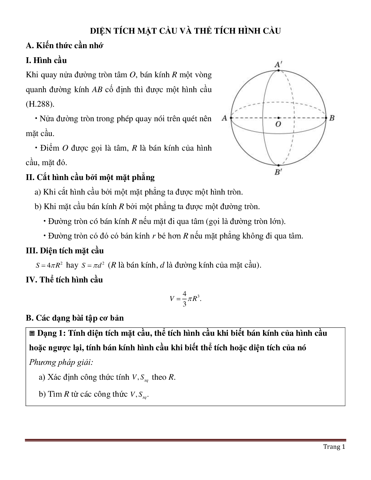 Lý thuyết, bài tập về Diện tích mặt cầu và thể tích hình cầu (trang 1)