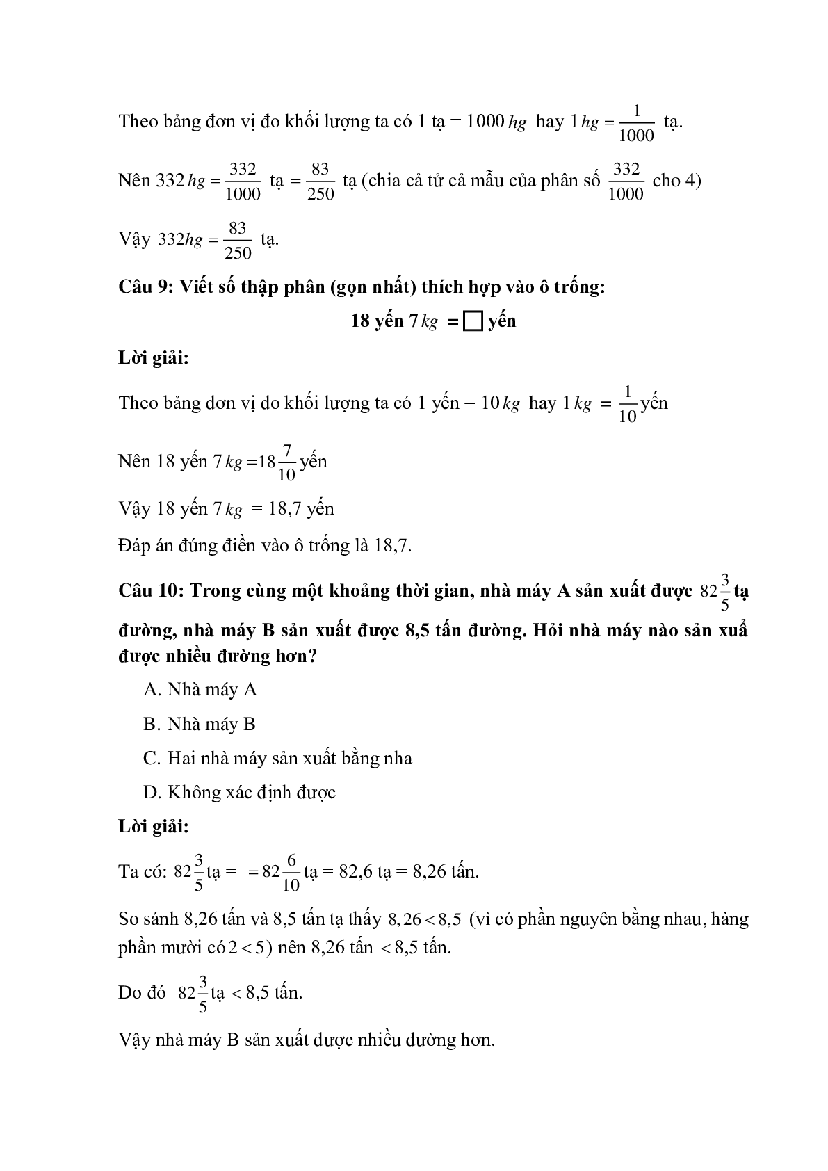 12 câu Trắc nghiệm Viết các số đo khối lượng dưới dạng số thập phân có đáp án 2023 – Toán lớp 5 (trang 4)