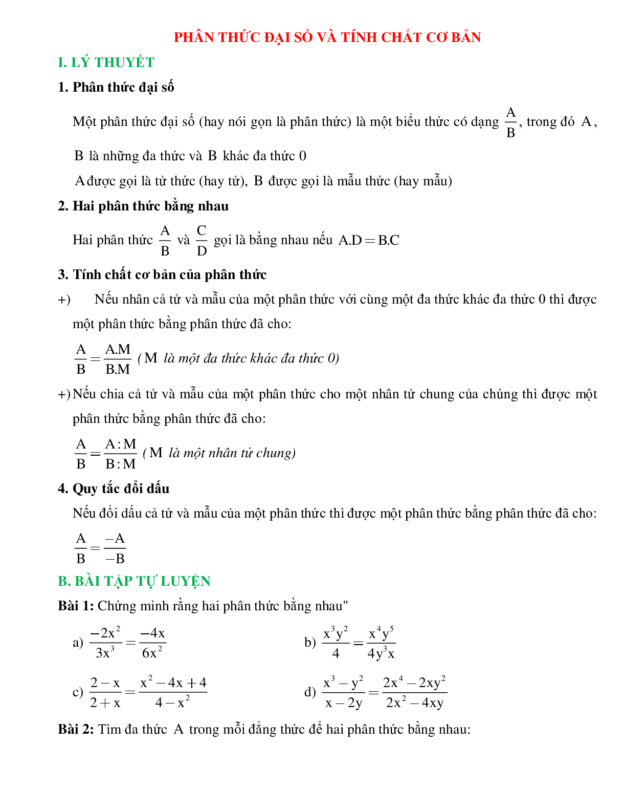 Phân thức đại số và tính chất cơ bản (trang 1)
