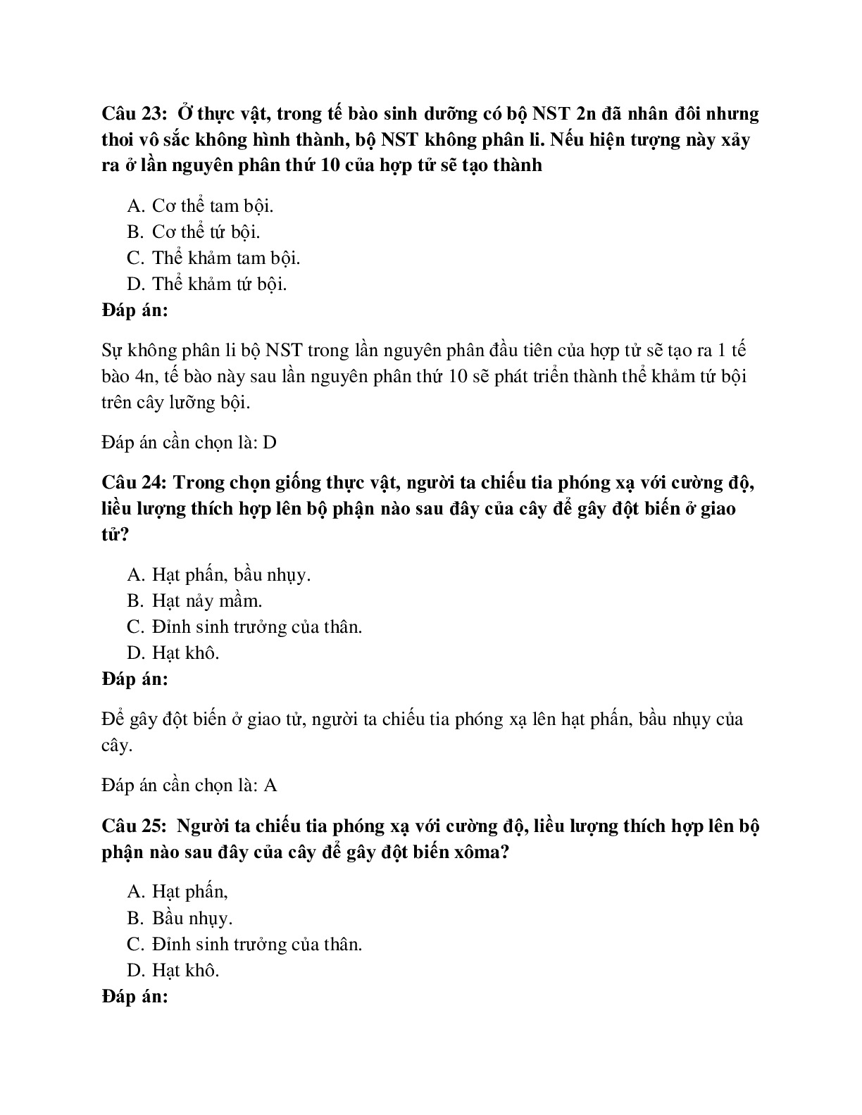 29 câu Trắc nghiệm Sinh học 12 Bài 19 có đáp án 2023: Tạo giống bằng phương pháp gây đột biến (trang 10)