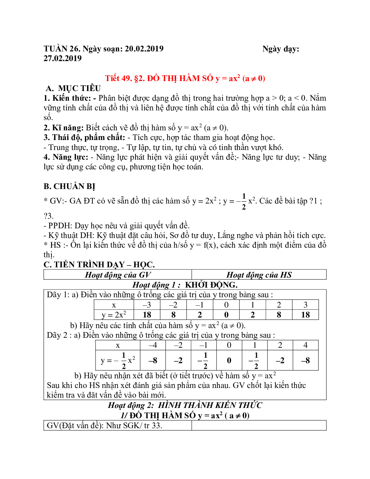 Giáo án Đồ thị hàm số y = ax^2 (2023) mới nhất - Toán 9 (trang 1)