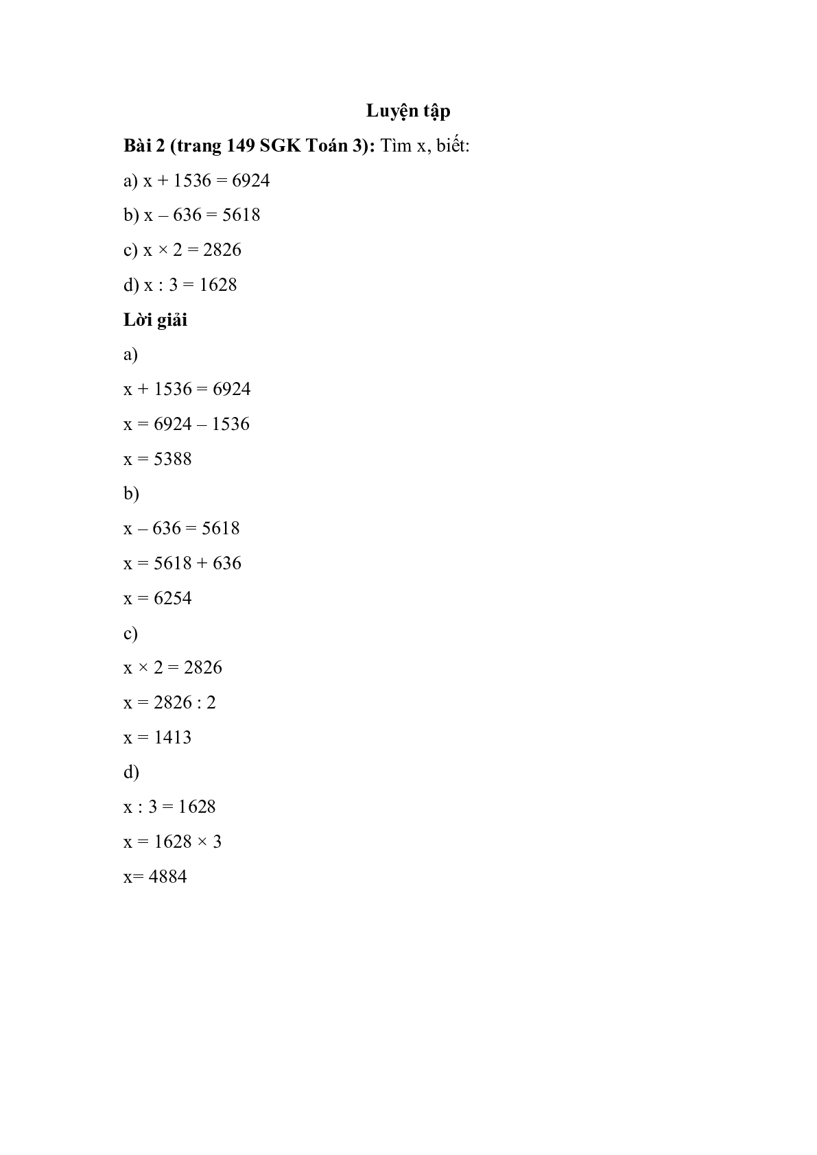 Tìm x, biết: x + 1536 = 6924; x – 636 = 5618 (trang 1)