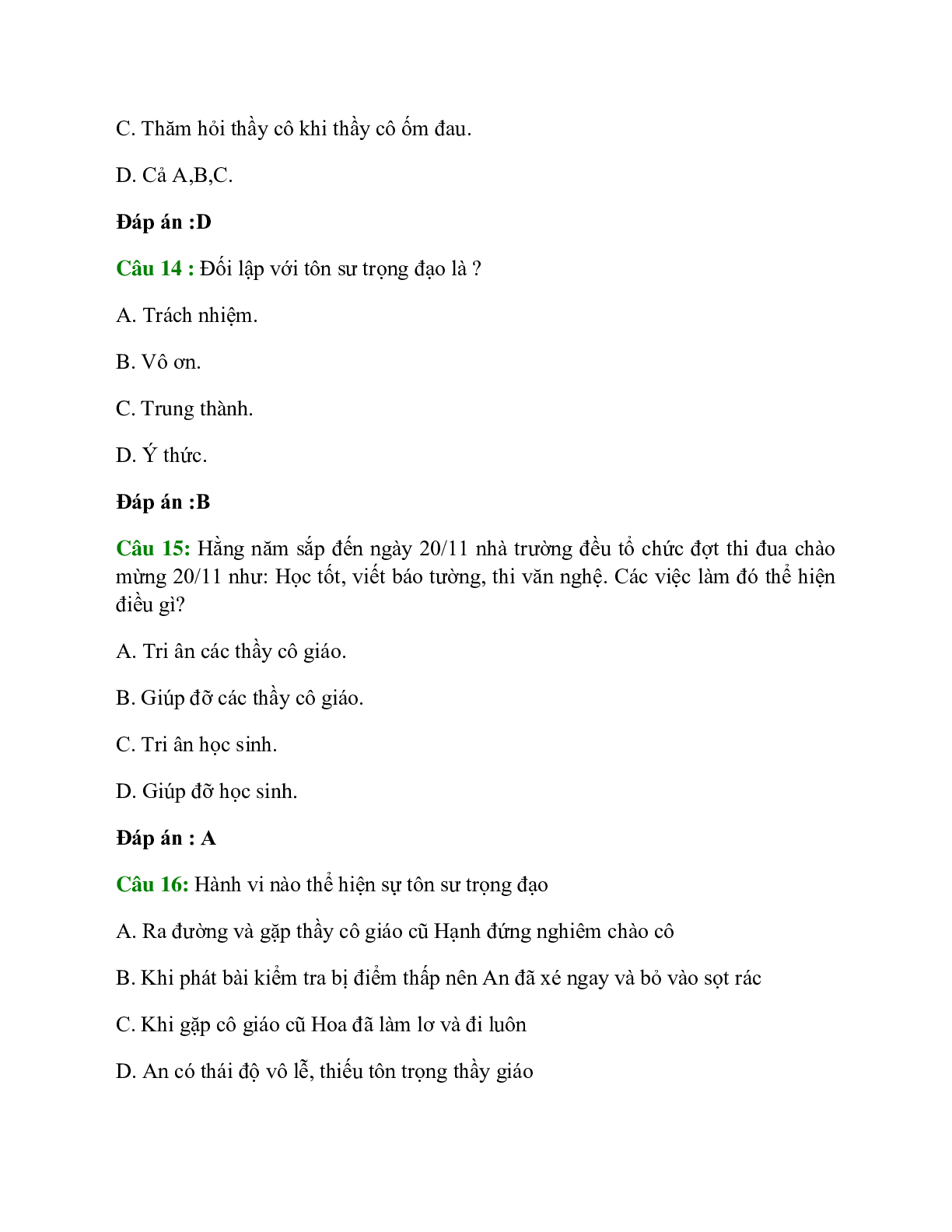 Trắc nghiệm GDCD 7 Bài 6 có đáp án: Tôn sư trọng đạo (trang 5)