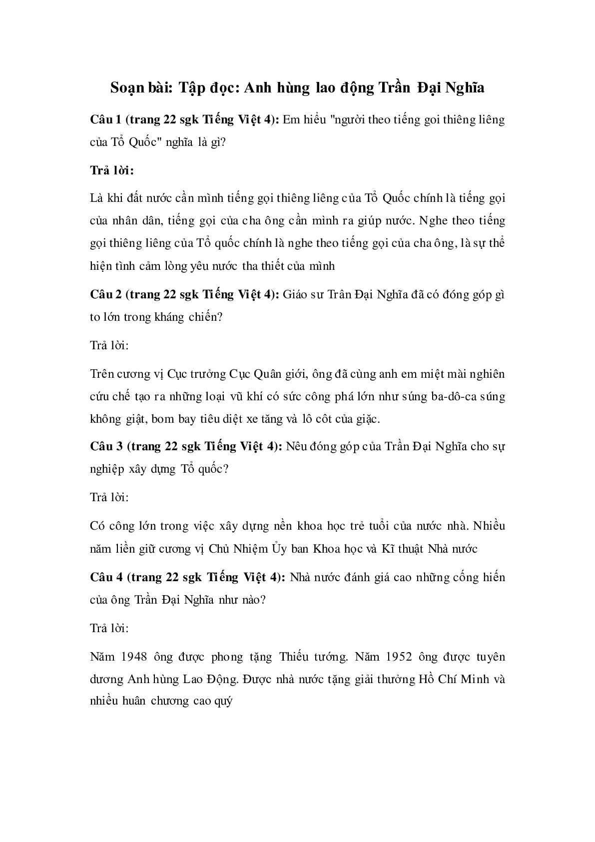 Soạn Tiếng Việt lớp 4: Tập đọc: Anh hùng lao động Trần Đại Nghĩa mới nhất (trang 1)