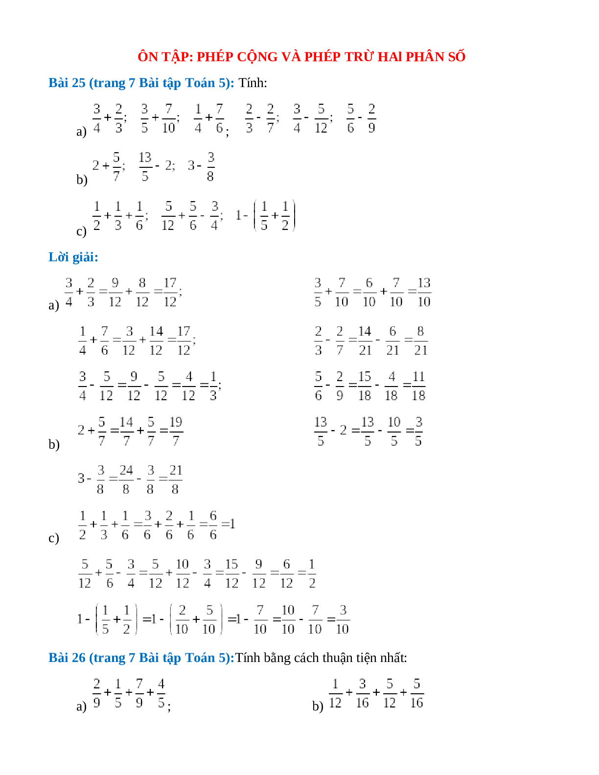 SBT Toán lớp 5 trang 6, 7 Ôn tập: Phép cộng và phép trừ hai phân số (trang 1)