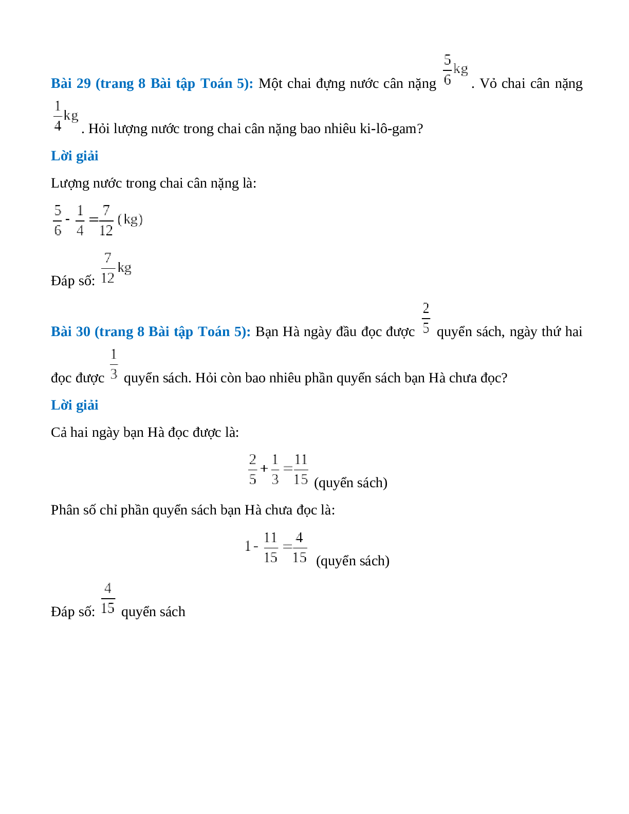 SBT Toán lớp 5 trang 6, 7 Ôn tập: Phép cộng và phép trừ hai phân số (trang 3)