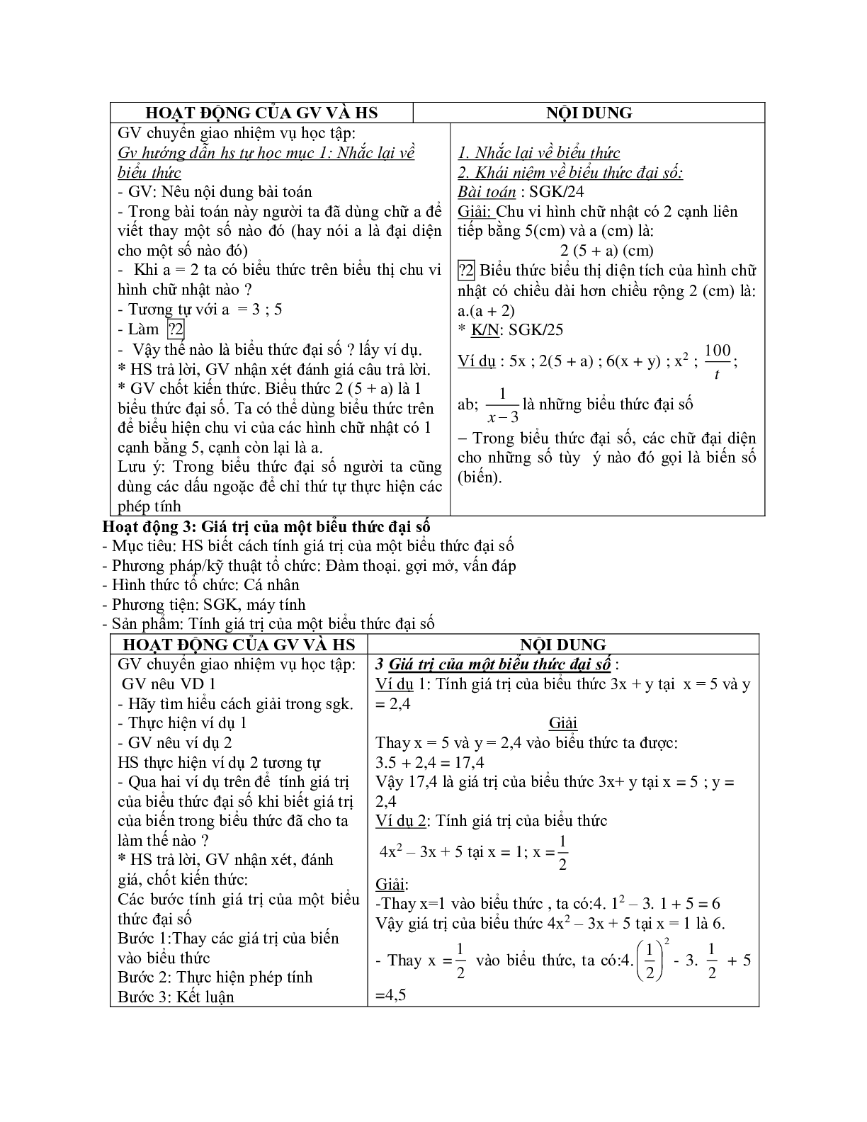 Giáo án Toán học 7 bài 1,2: Khái niệm về biểu thức đại số - Giá trị của một biểu thức đại số mới nhất (trang 2)